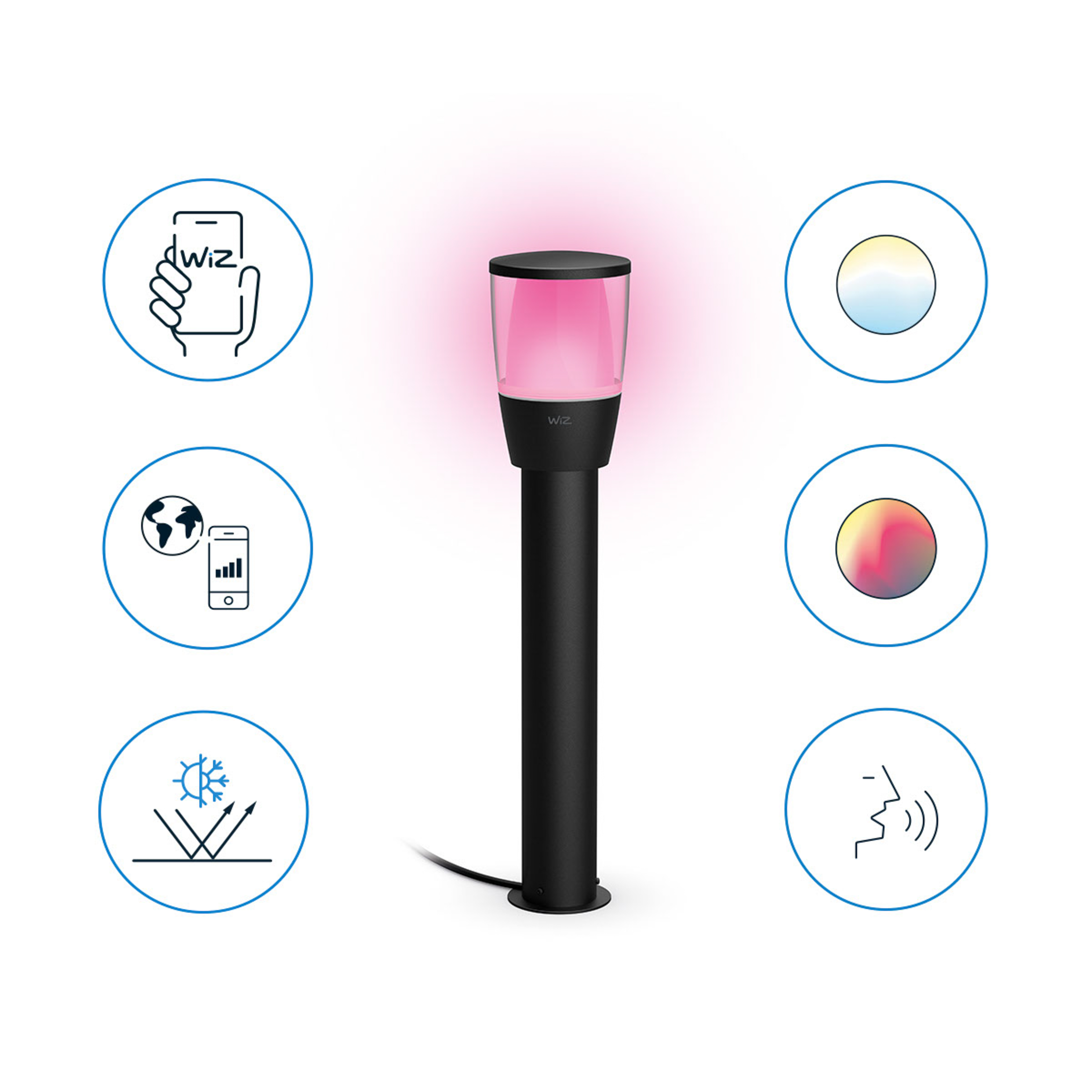 Zwarte Wiz slimme buitenlamp met roze bovenkant, met pictogrammen van mobiele telefoon en slimme woning.