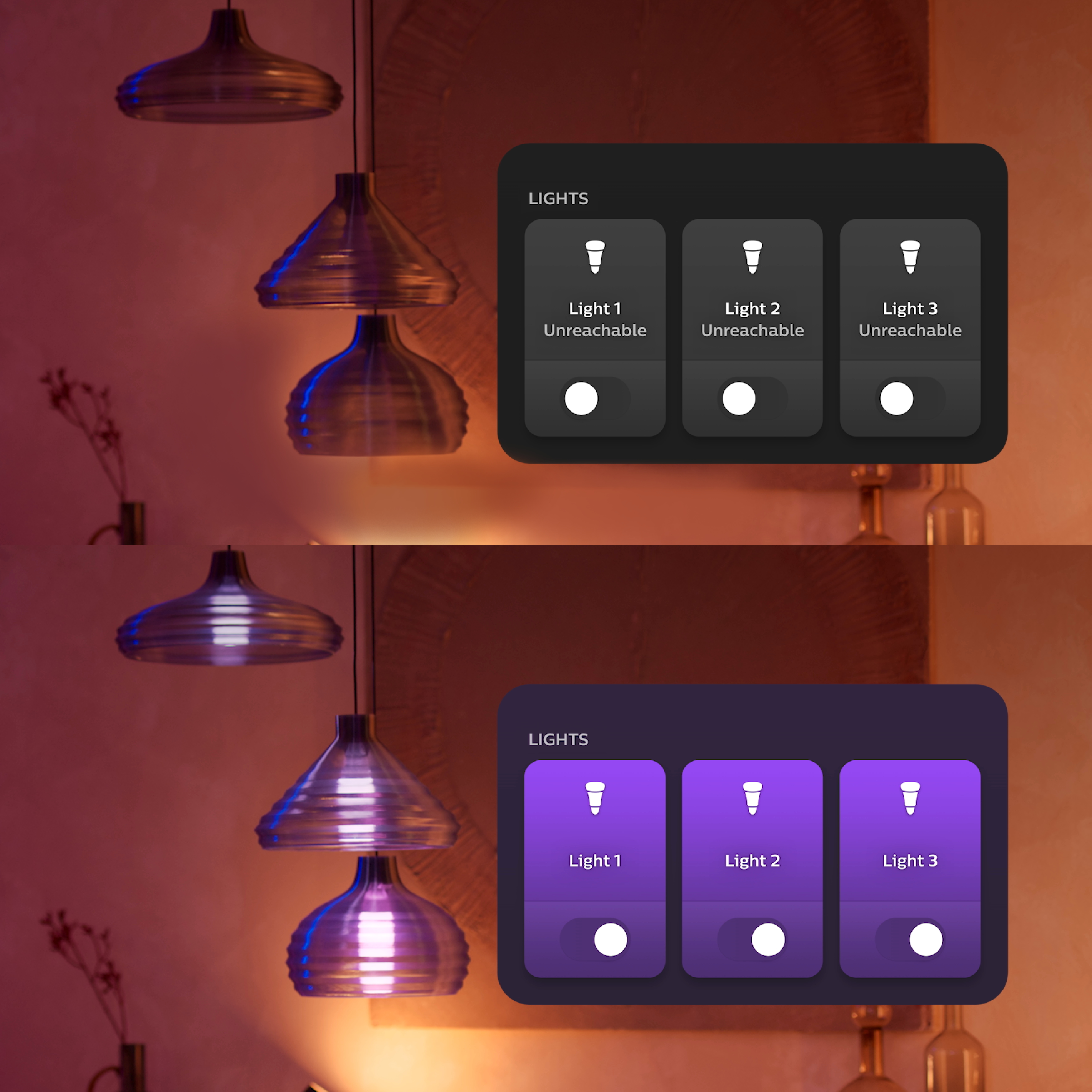 Zwei Bilder des Smart Home-Bedienfelds für Lichter. Lichter sind im ersten unzugänglich.