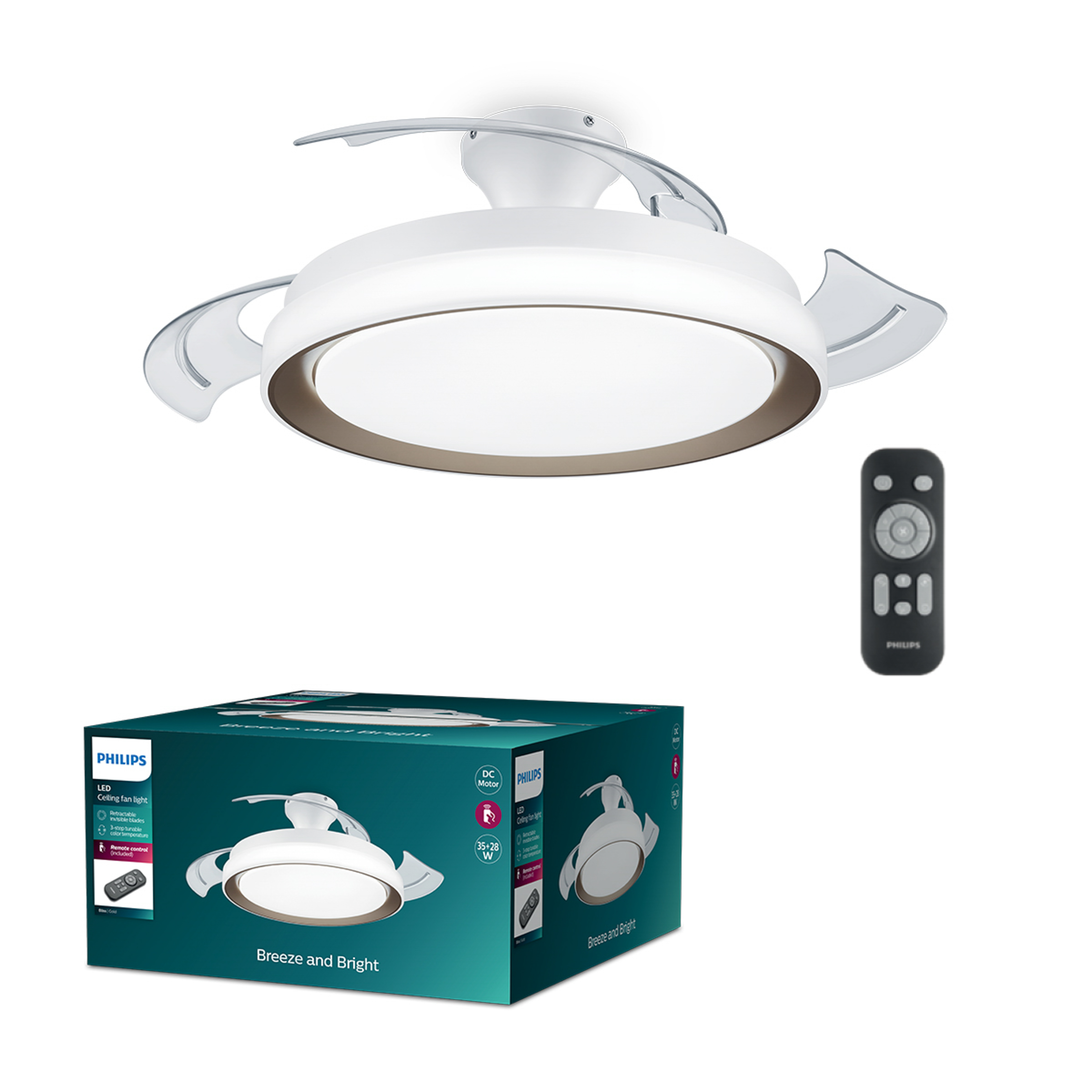 Ventilador de techo con luz integrada y mando a distancia. Una caja con imagen del ventilador está en primer plano.