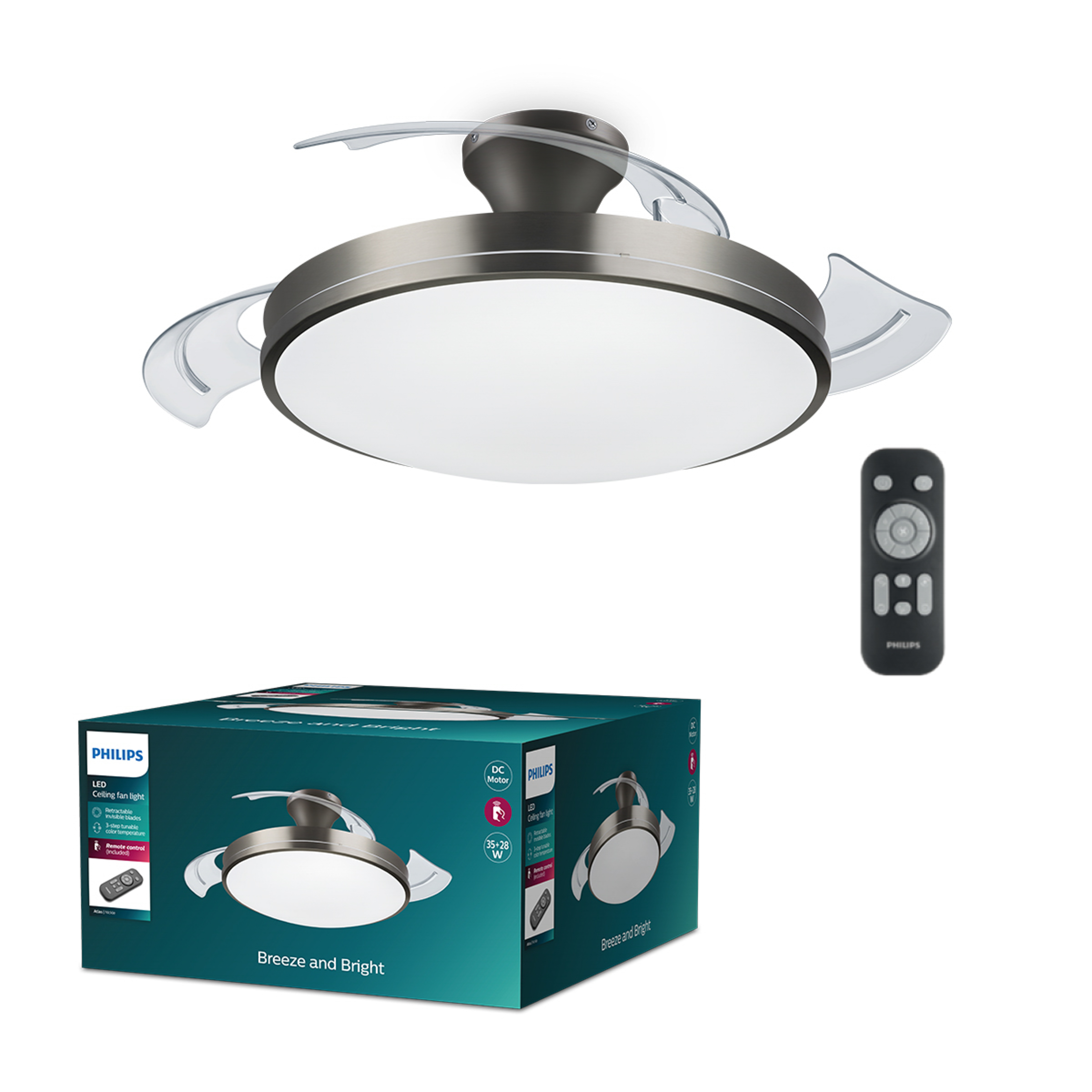 Ventilador de techo con aspas transparentes, luz central y mando a distancia, con caja del producto.