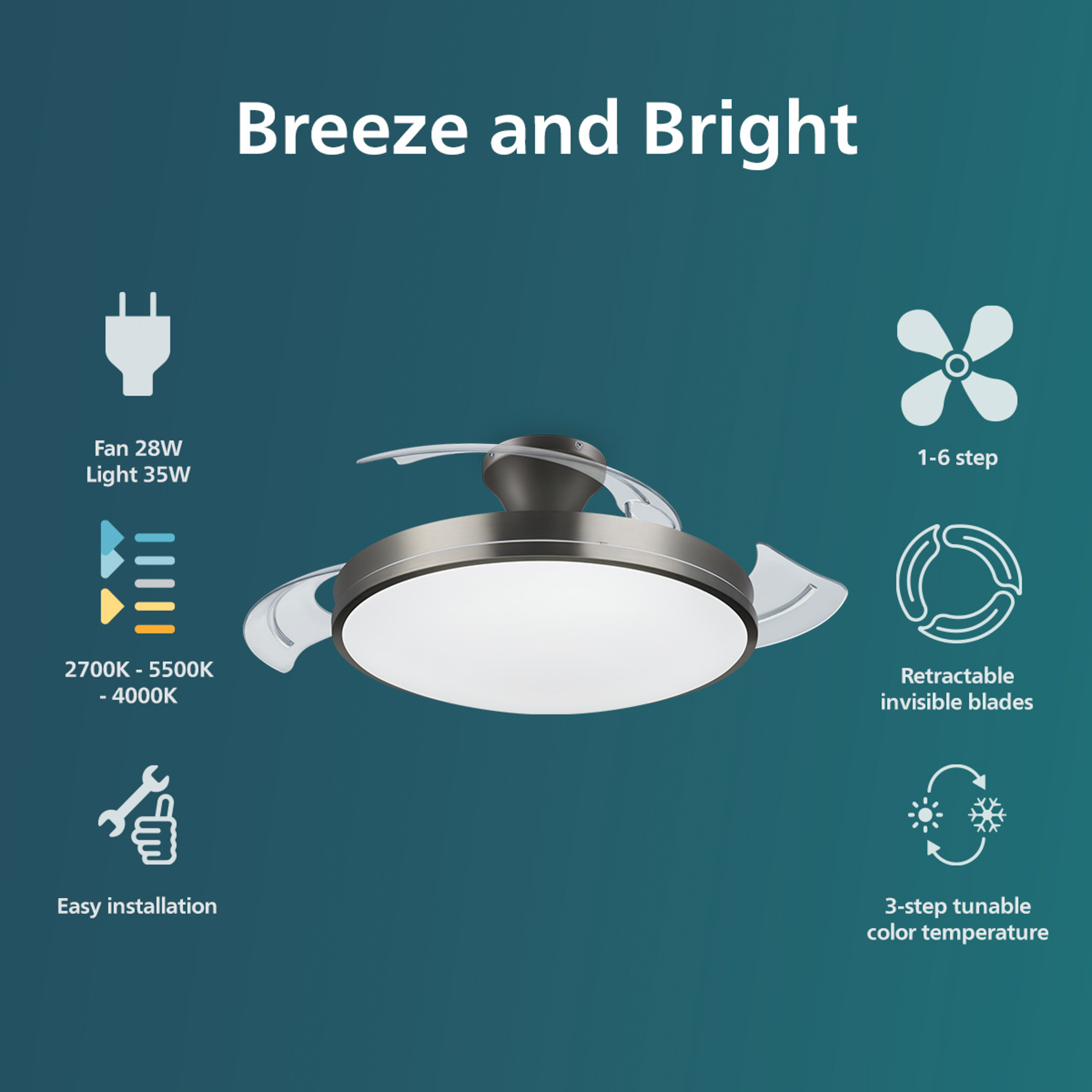 Ilustración de un ventilador de techo con aspas retráctiles y temperatura de color ajustable. El texto dice 'Breeze and Bright'.