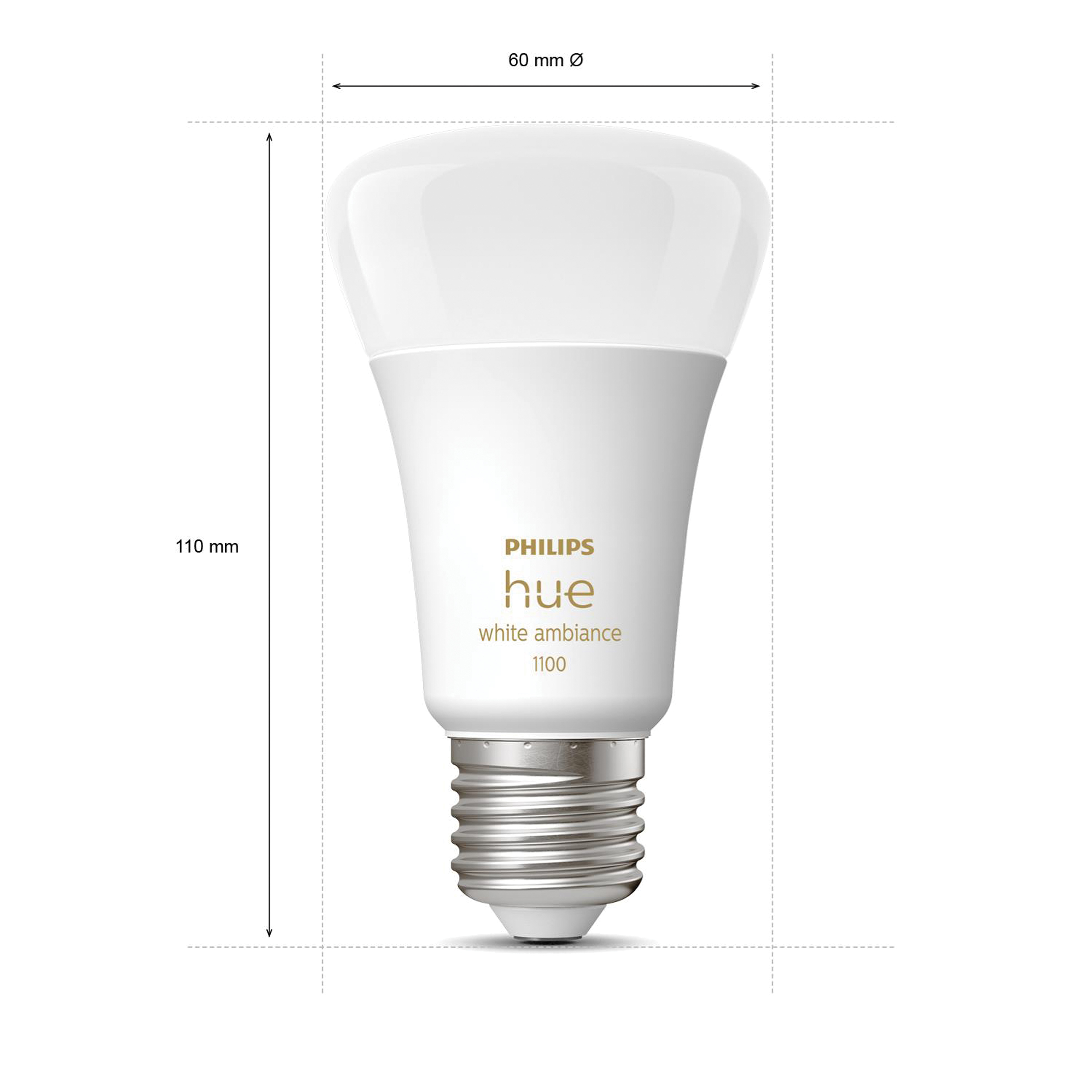 Bombilla Philips Hue blanca con dimensiones, sobre un fondo blanco.