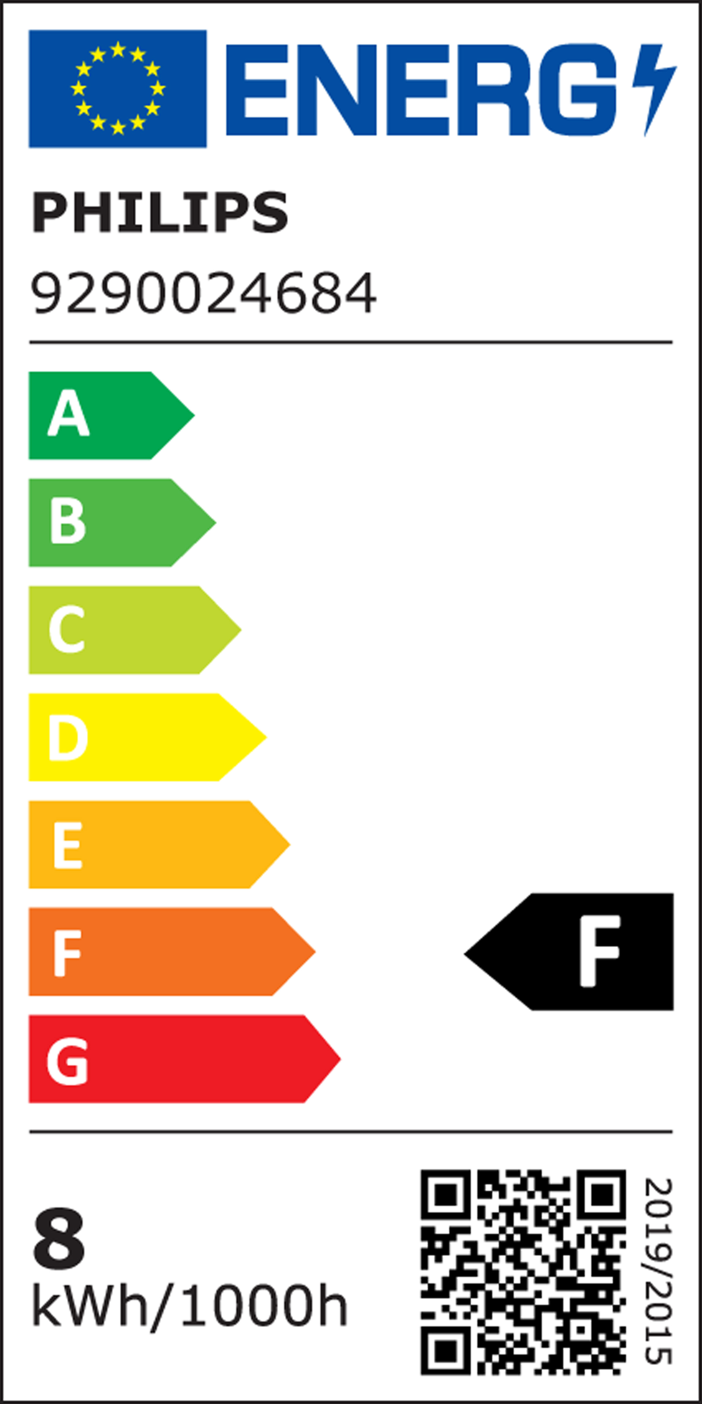 Etiqueta de eficiencia energética, marca Philips. Muestra las clasificaciones de la A a la G, con una flecha a la F. Código QR.