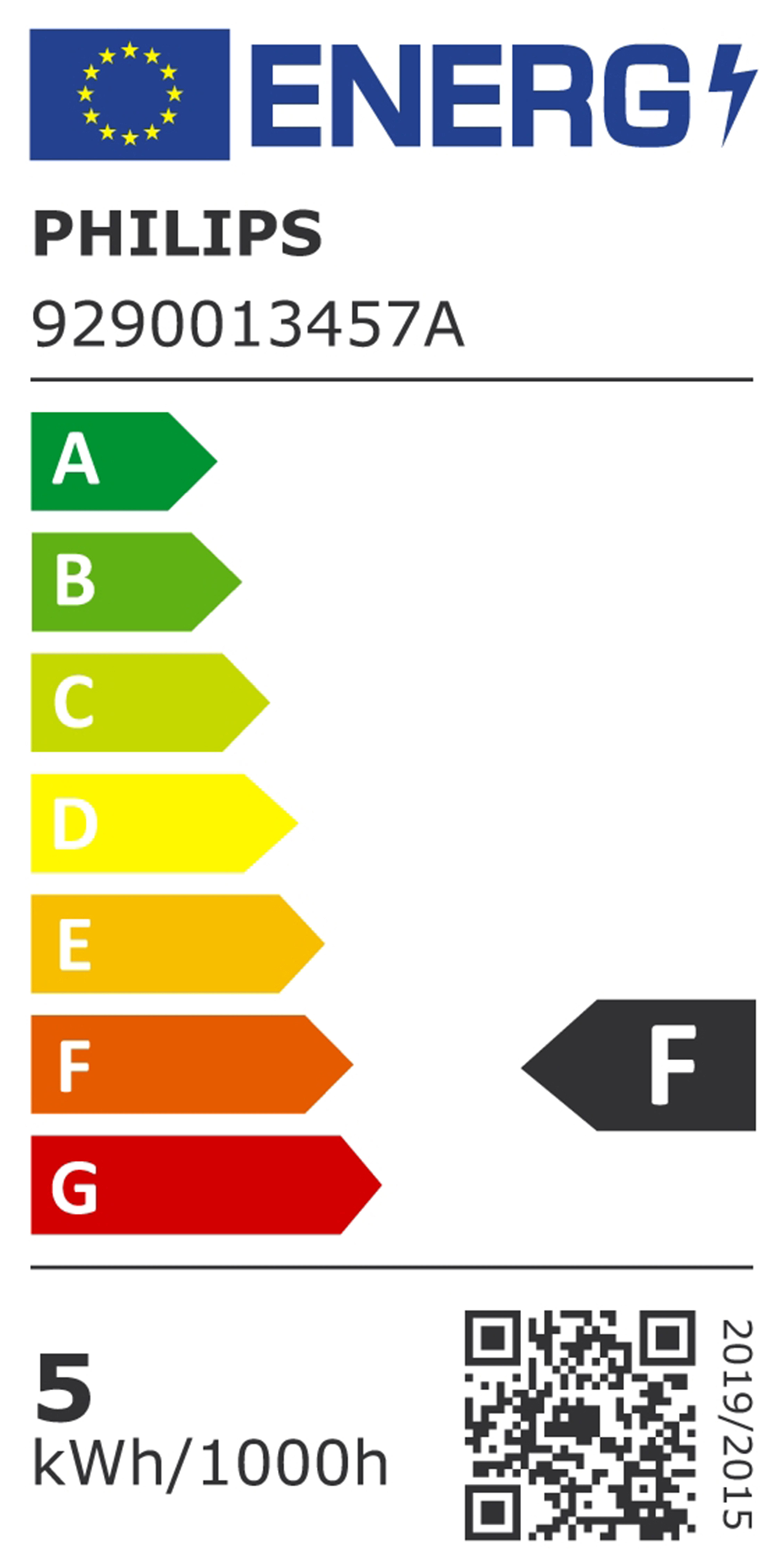 Une étiquette énergétique pour une lumière Philips, montrant sa classe d'efficacité énergétique 'F'.