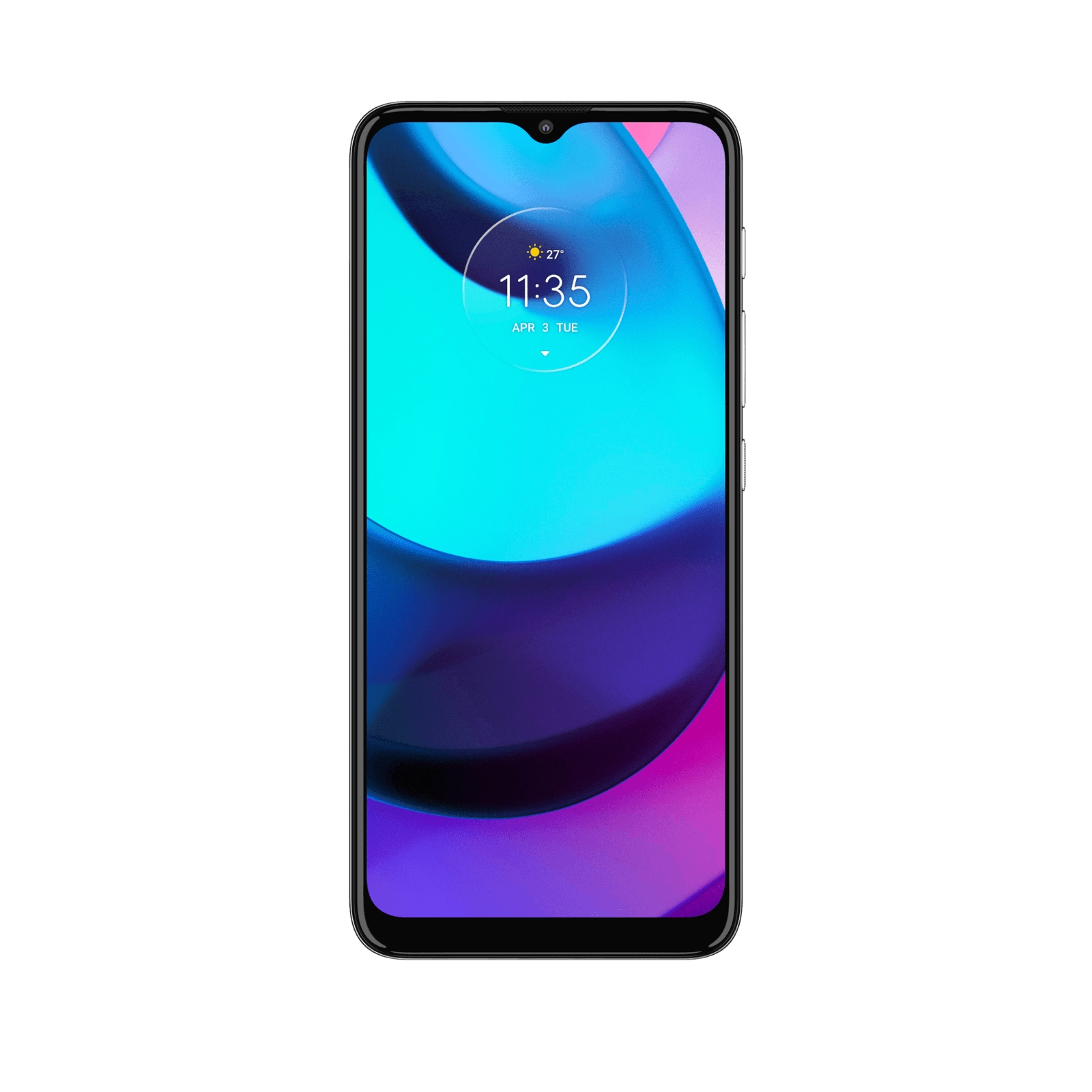 Czarny smartfon z ekranem wyświetlającym godzinę i datę, aparatem i kolorowym tłem.