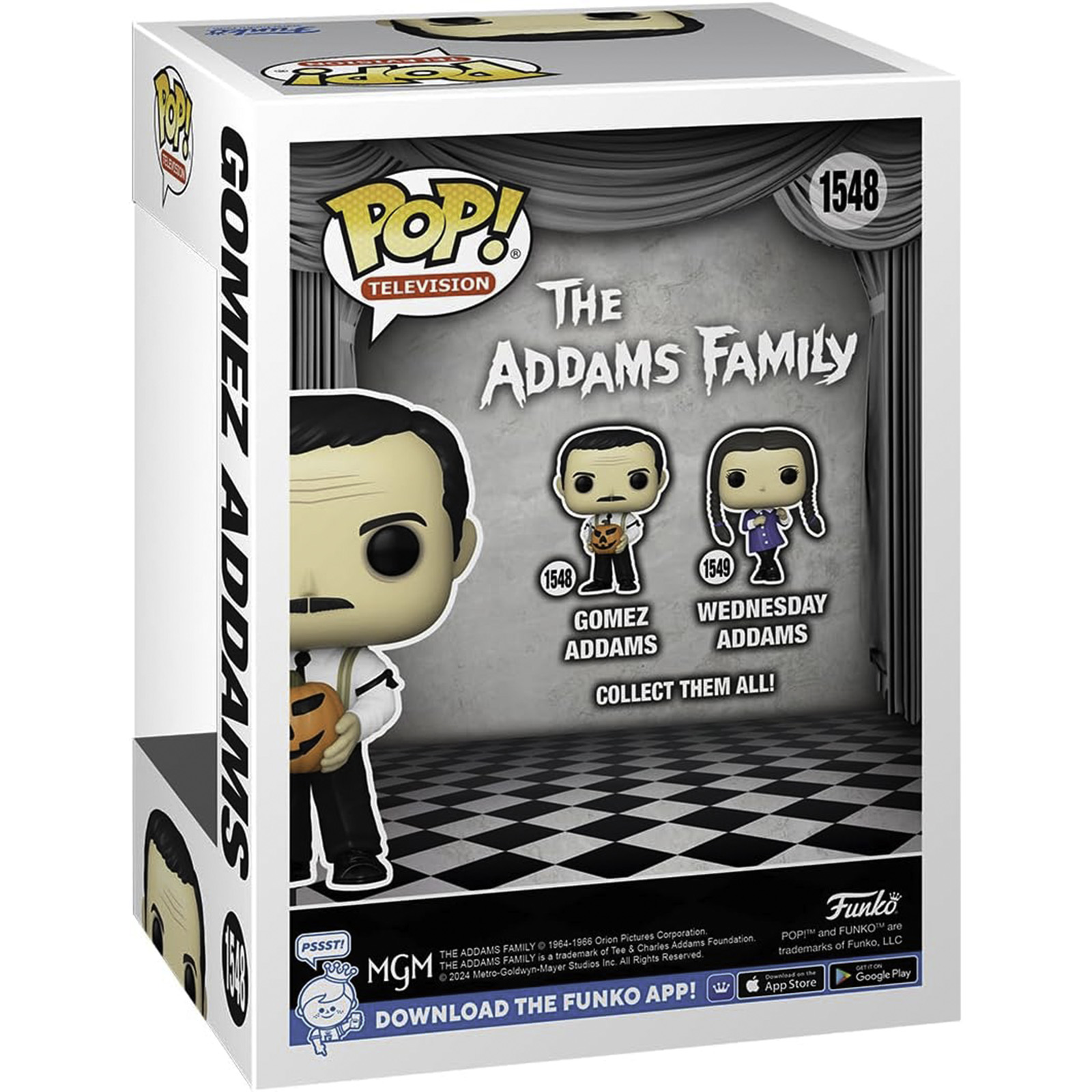 Caixa Funko Pop com bonecos da Família Addams. Gomez e Wednesday. Fundo branco.