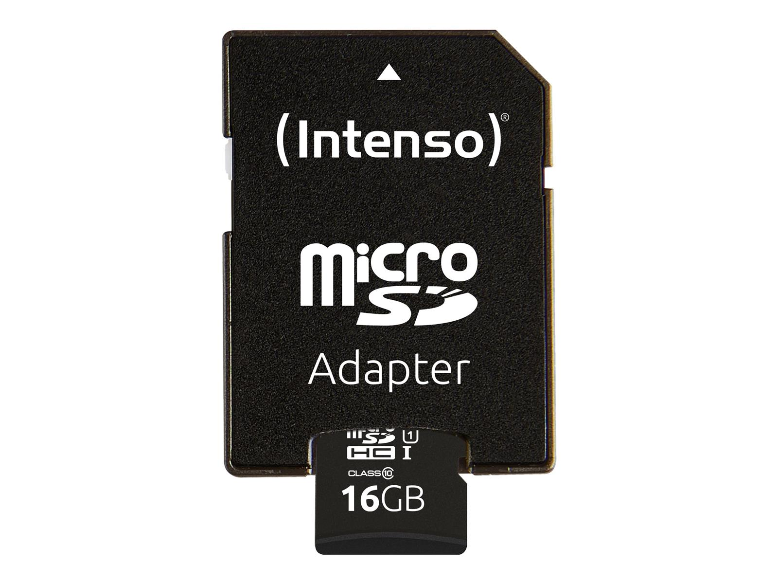 Schwarzer Micro-SD-Adapter mit eingelegter 16GB Micro-SD-Karte, weißer Hintergrund.