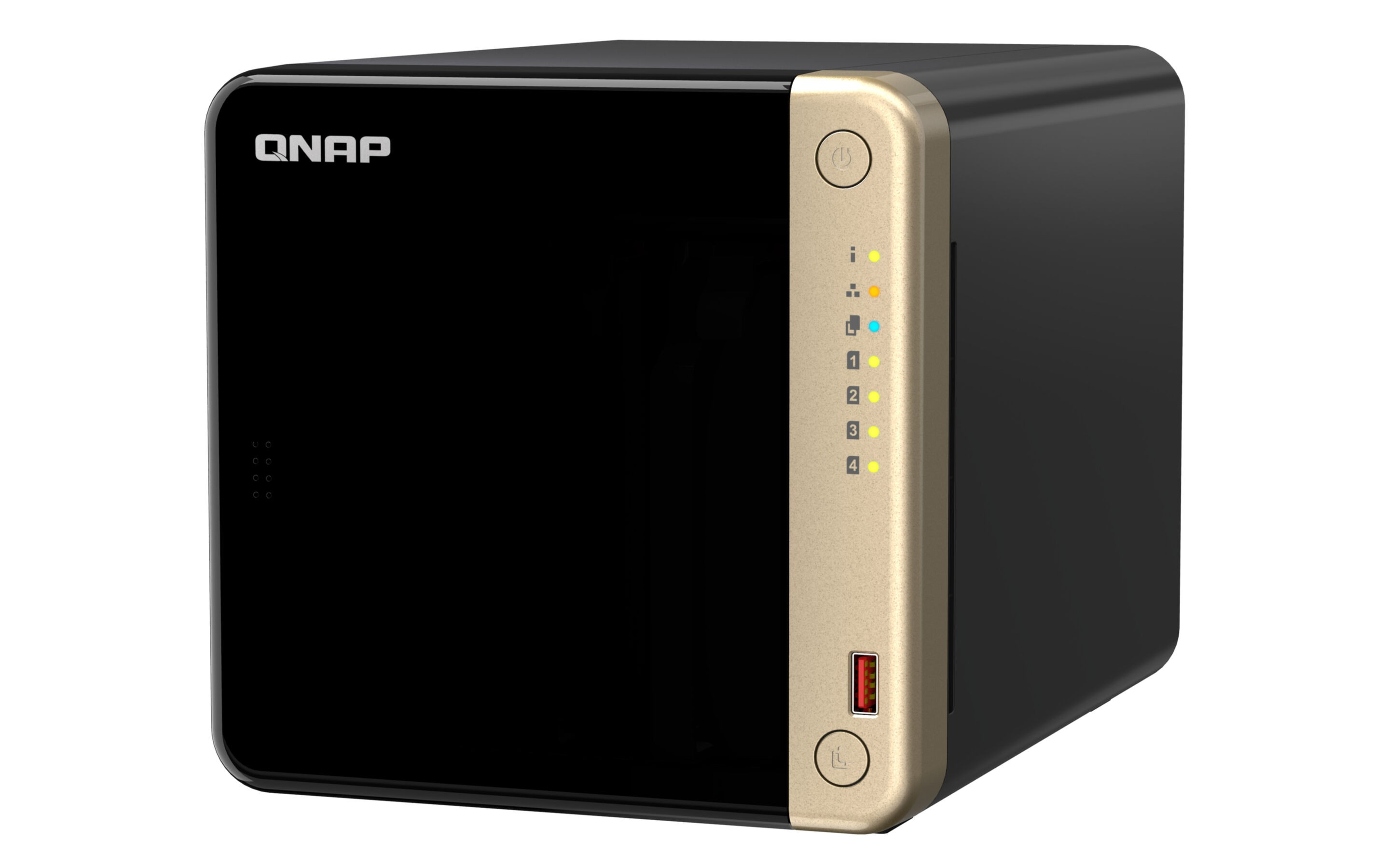 Un appareil NAS QNAP noir et or sur fond blanc.