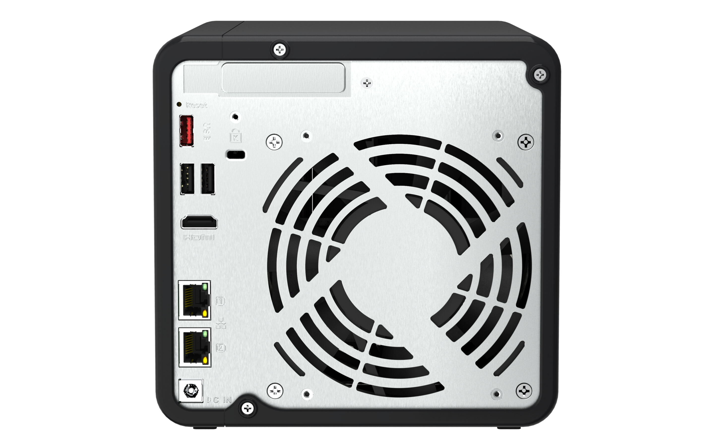 Panneau arrière NAS noir avec ventilateur, ports et vis. Fond en métal argenté.