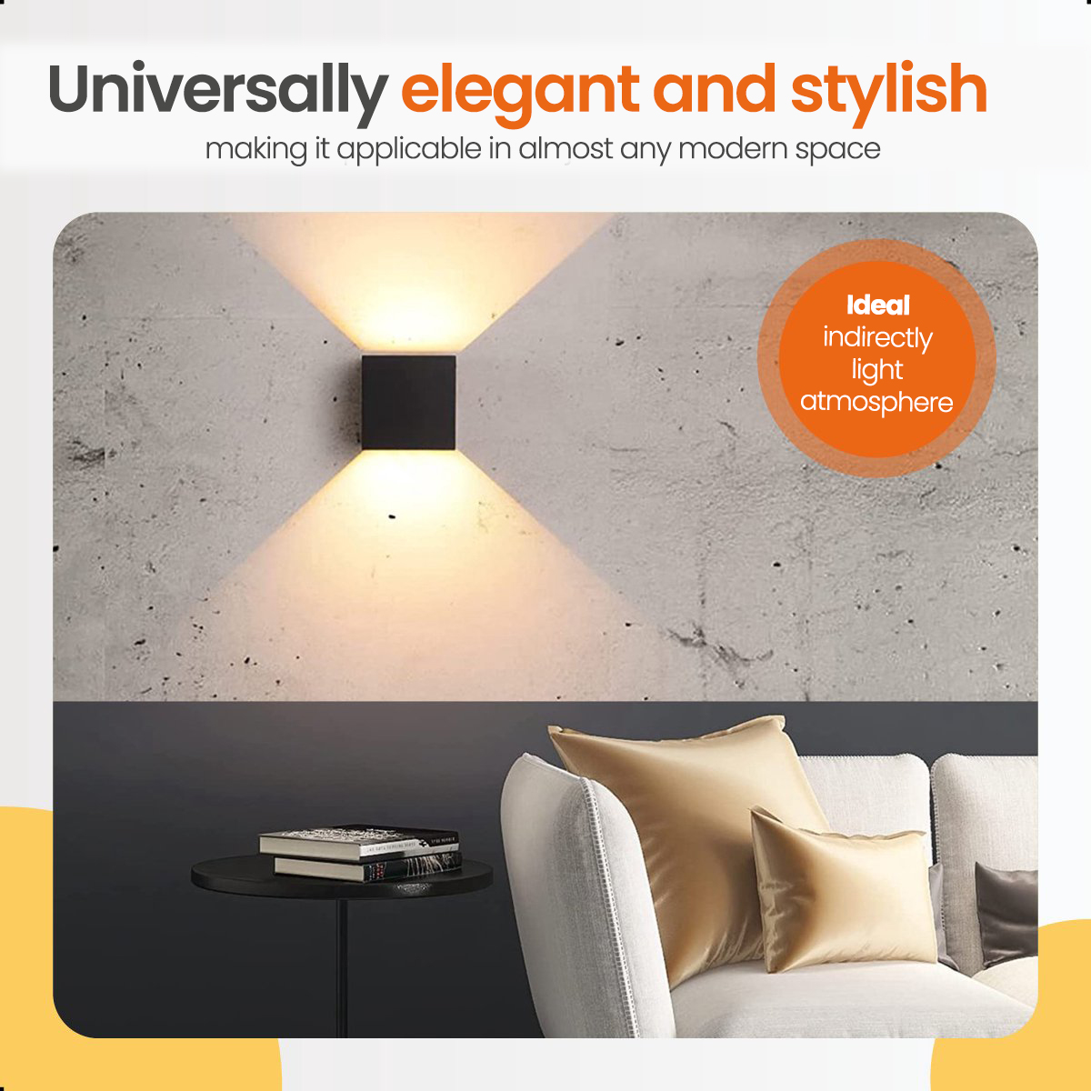 A modern wall light with a black square fixture on a concrete wall, near a white sofa.