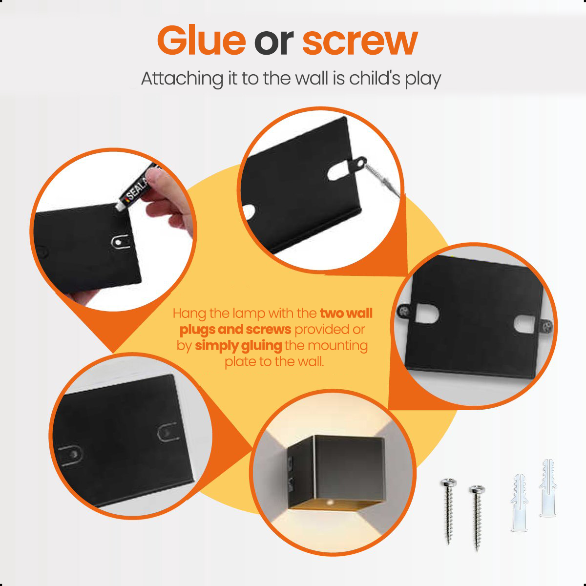 Diagram shows mounting a black lamp with glue or screws. Includes wall plugs and screws.
