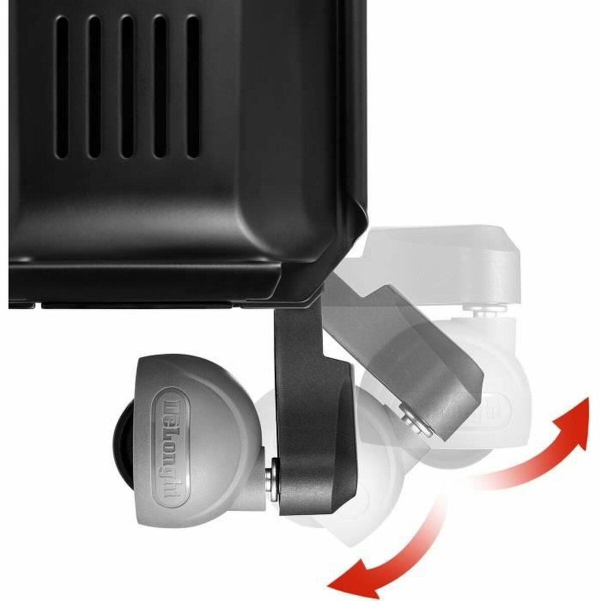 Zbliżenie zespołu kółek grzejnika olejowego De'Longhi.