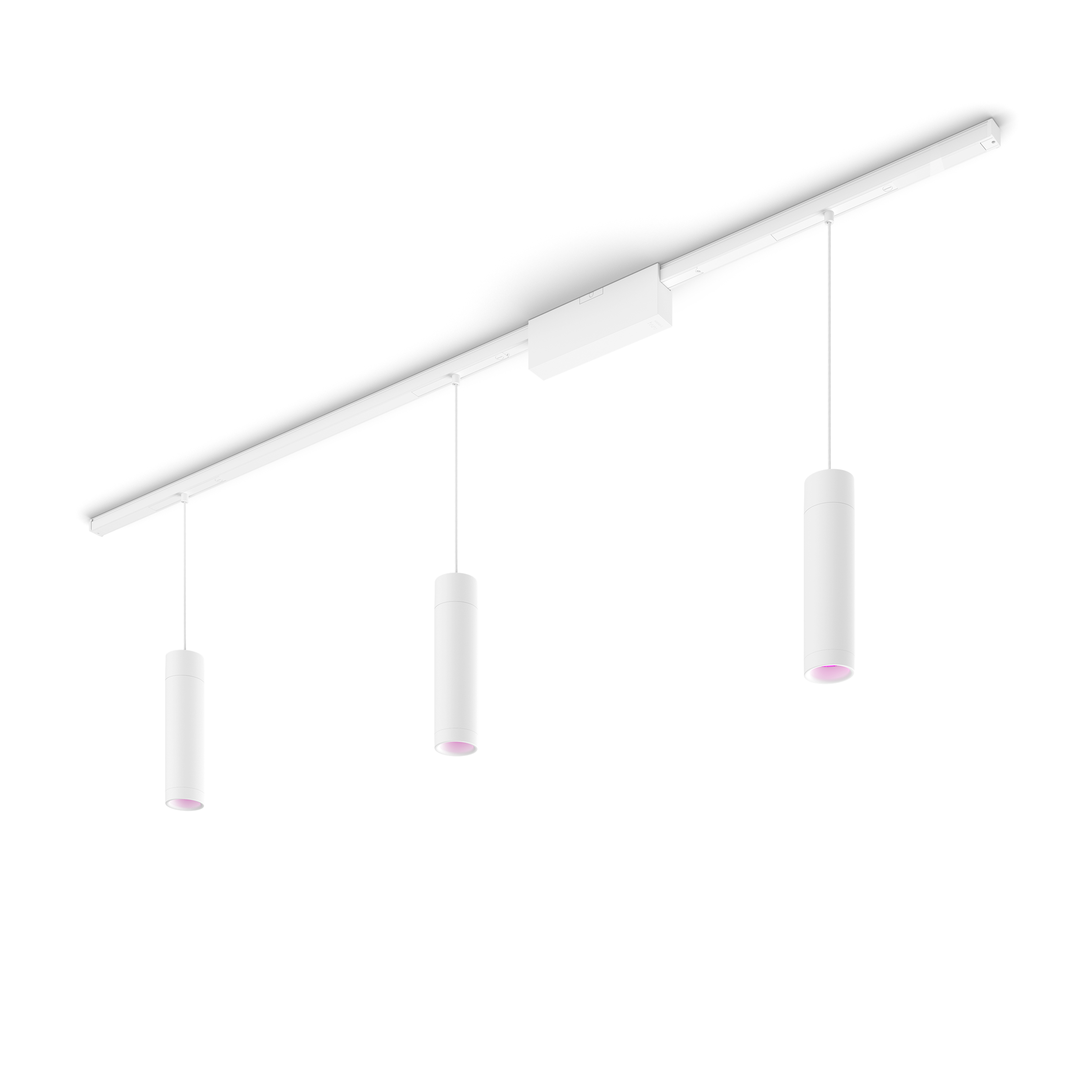 Éclairage sur rail blanc avec trois lumières cylindriques, toutes avec des accents roses.