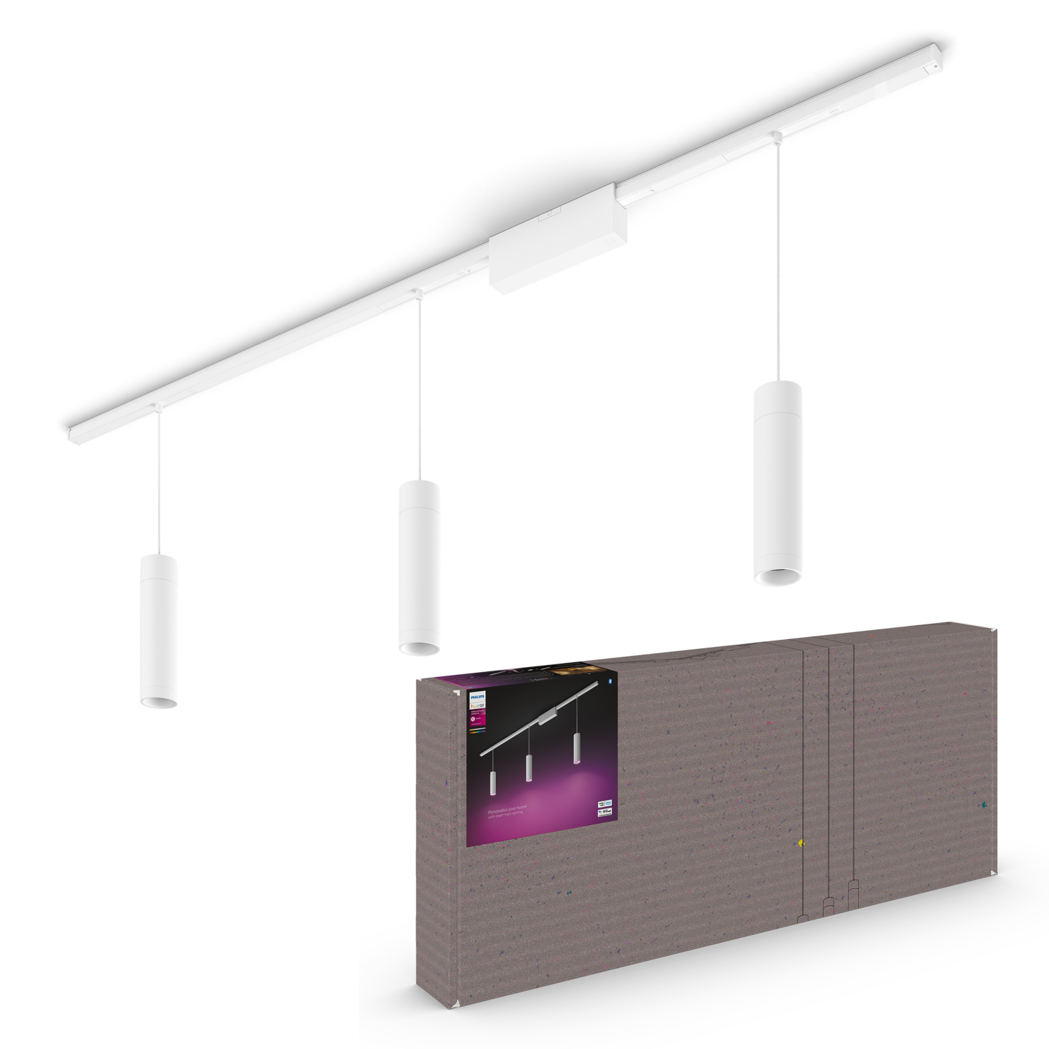 Système d'éclairage sur rail blanc avec trois lumières cylindriques et une boîte.