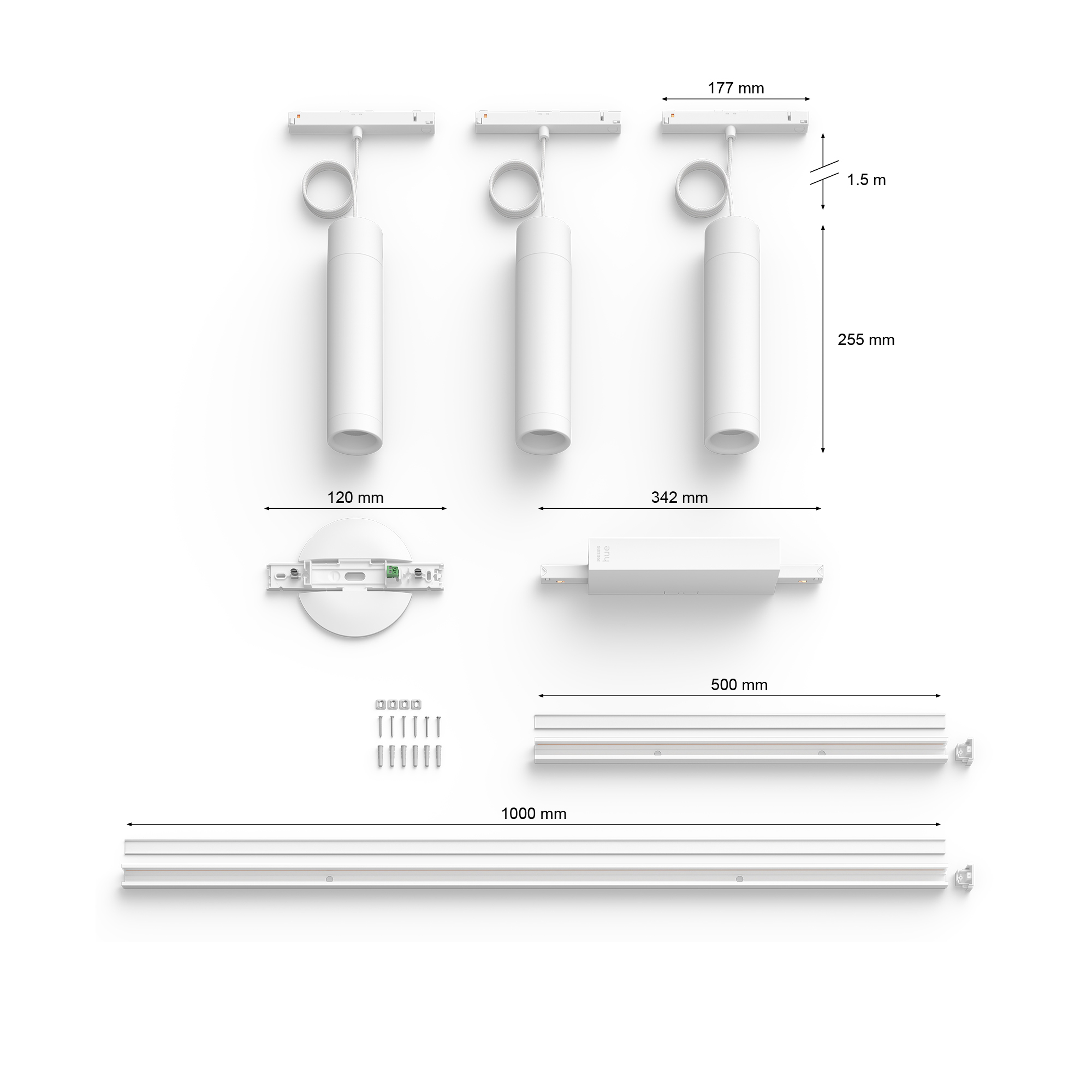 Composants blancs du système d'éclairage avec dimensions, y compris rail, lumières et alimentation.