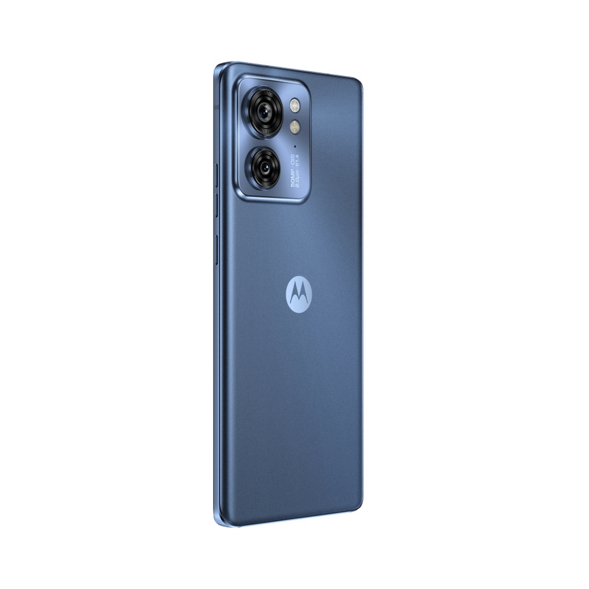 Uno smartphone Motorola blu, visto da dietro, leggermente angolato di lato.
