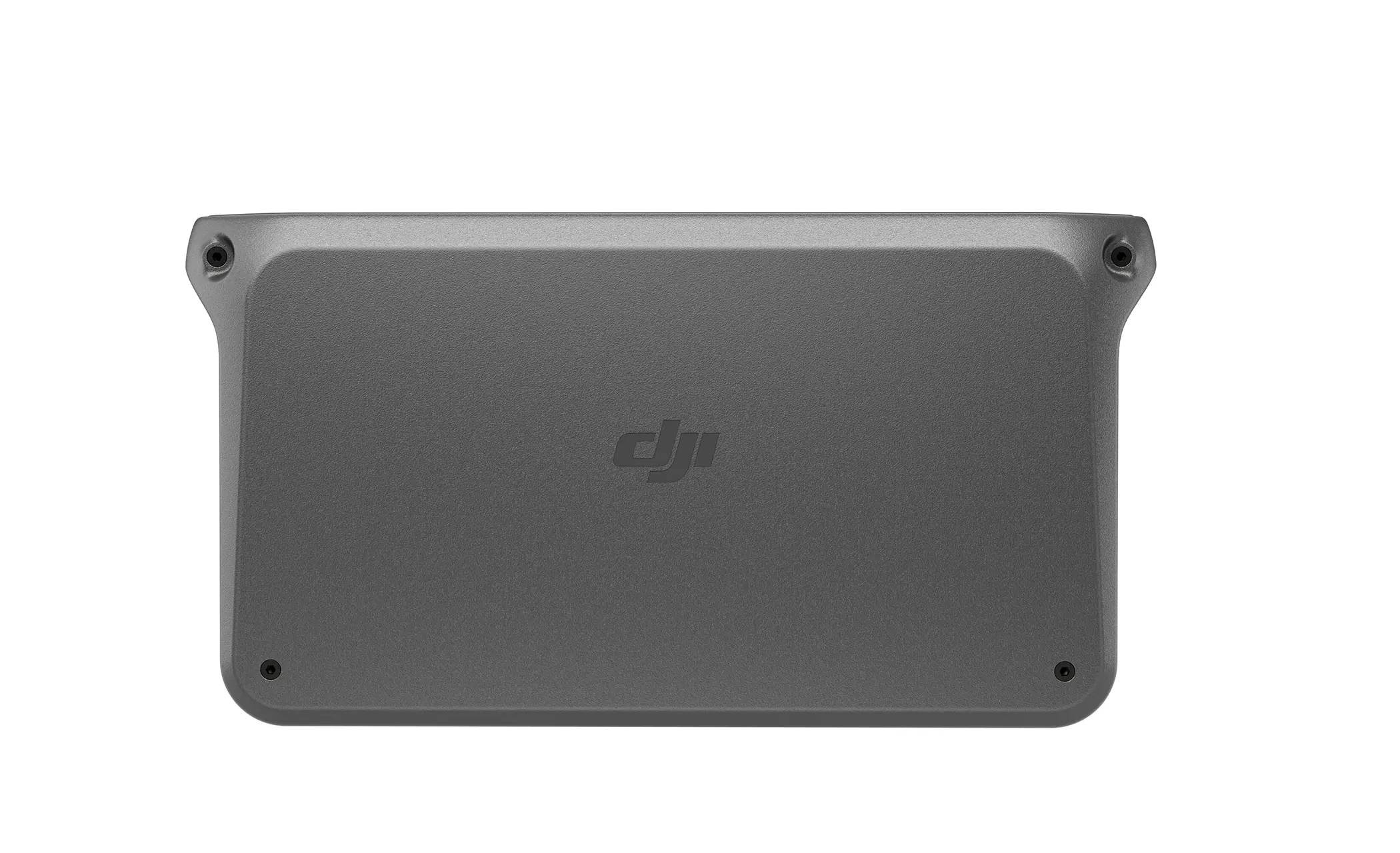 Caja gris DJI. Logotipo DJI en la superficie. Cuatro tornillos en las esquinas. Fondo blanco.