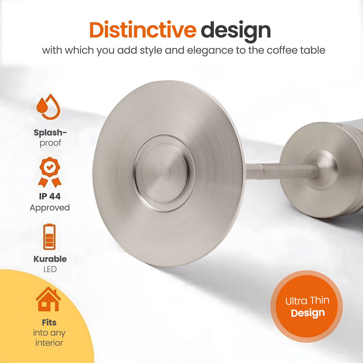 A metal candle holder with text about a distinctive design and interior fit, and a flame.