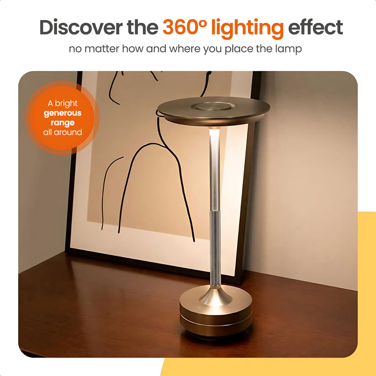 Modern lamp on table, with art in background.