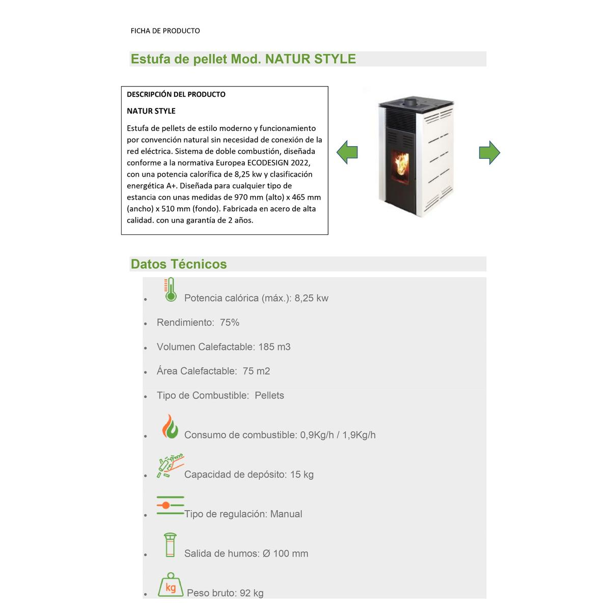 Hoja de producto para una estufa de pellets con datos técnicos. Incluye imágenes y especificaciones.