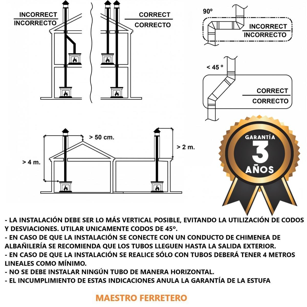 Diagrama que muestra instalaciones de chimeneas correctas e incorrectas. Incluye texto y un sello de garantía de 3 años.