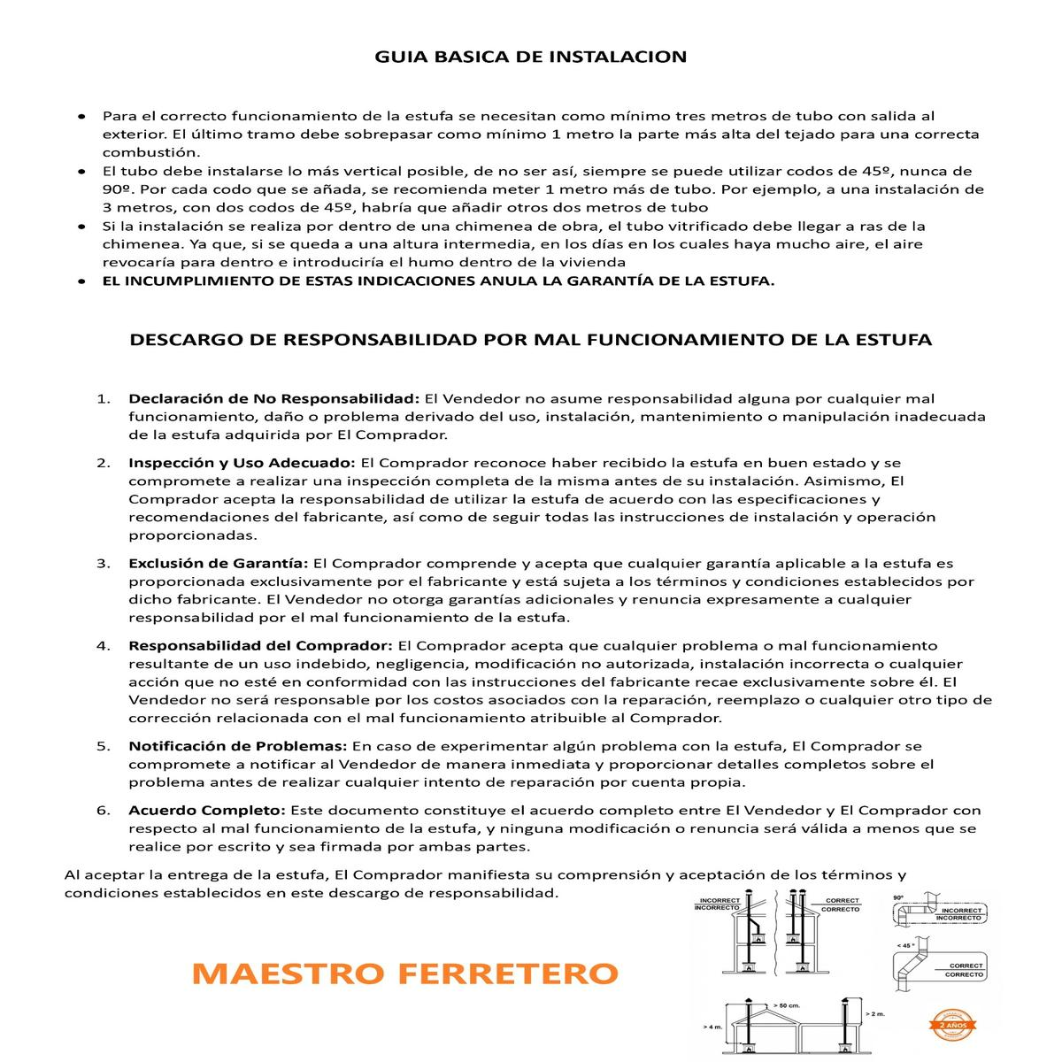 Guía de instalación en español. Texto y diagramas sobre fondo blanco. Instrucciones para una estufa.