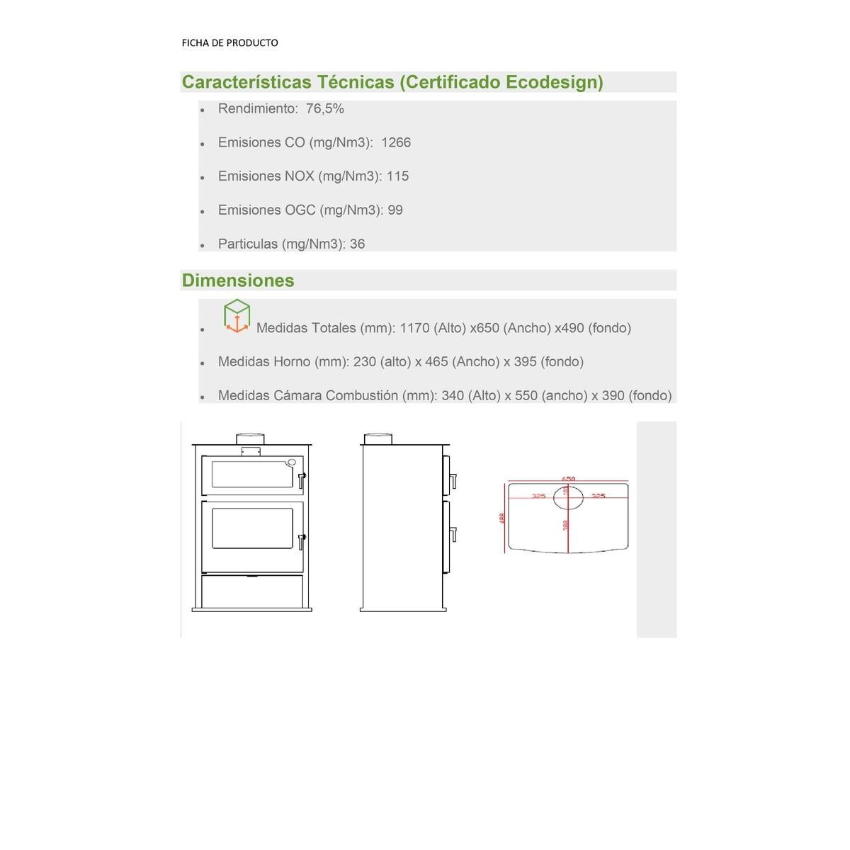 Documento de especificaciones técnicas. Incluye datos de emisión y dimensiones de un producto.