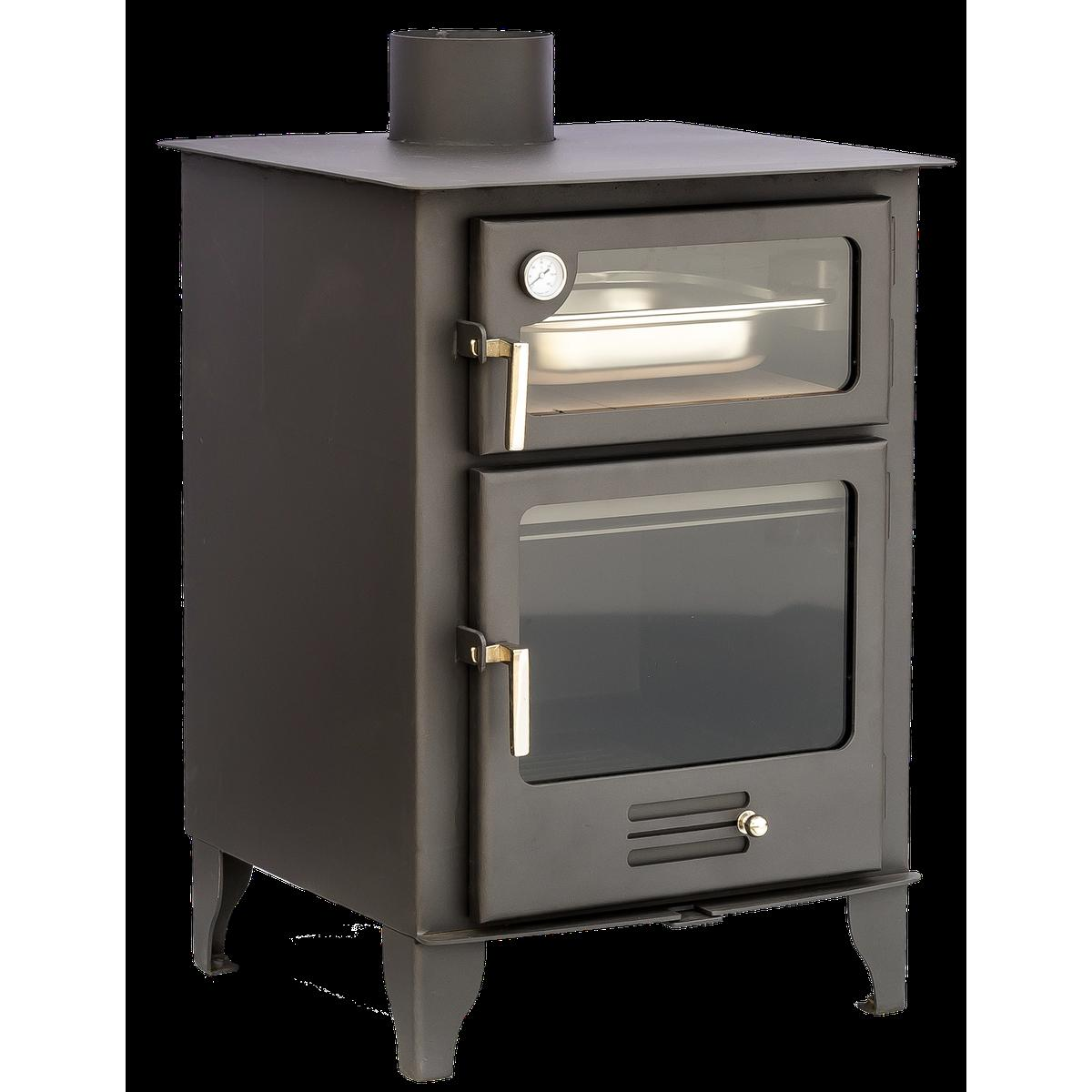 Estufa de leña negra con puertas de cristal, termómetro y chimenea. Fondo beige.