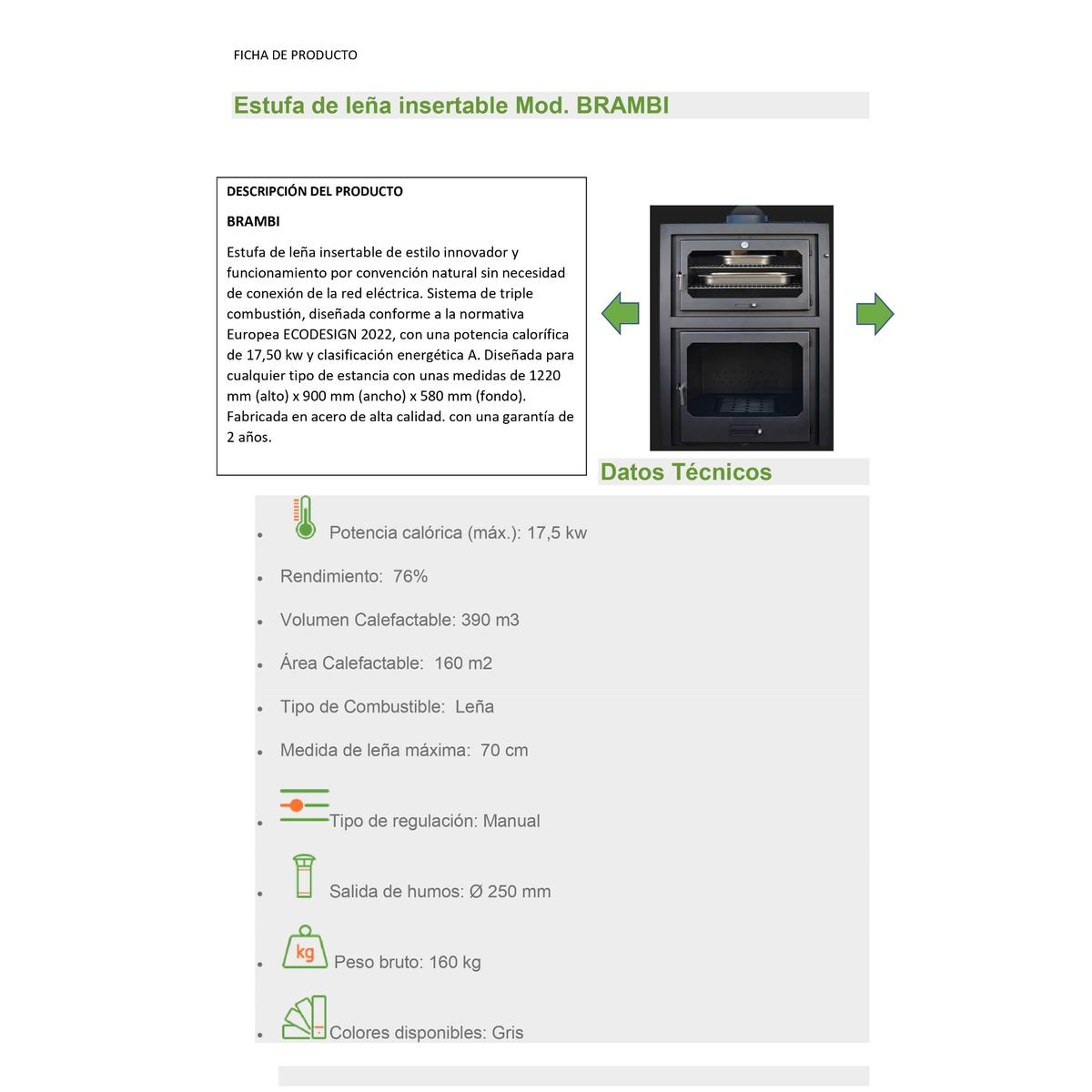 Gráfico de información del producto. El producto es una chimenea. Detalles, especificaciones e imágenes.