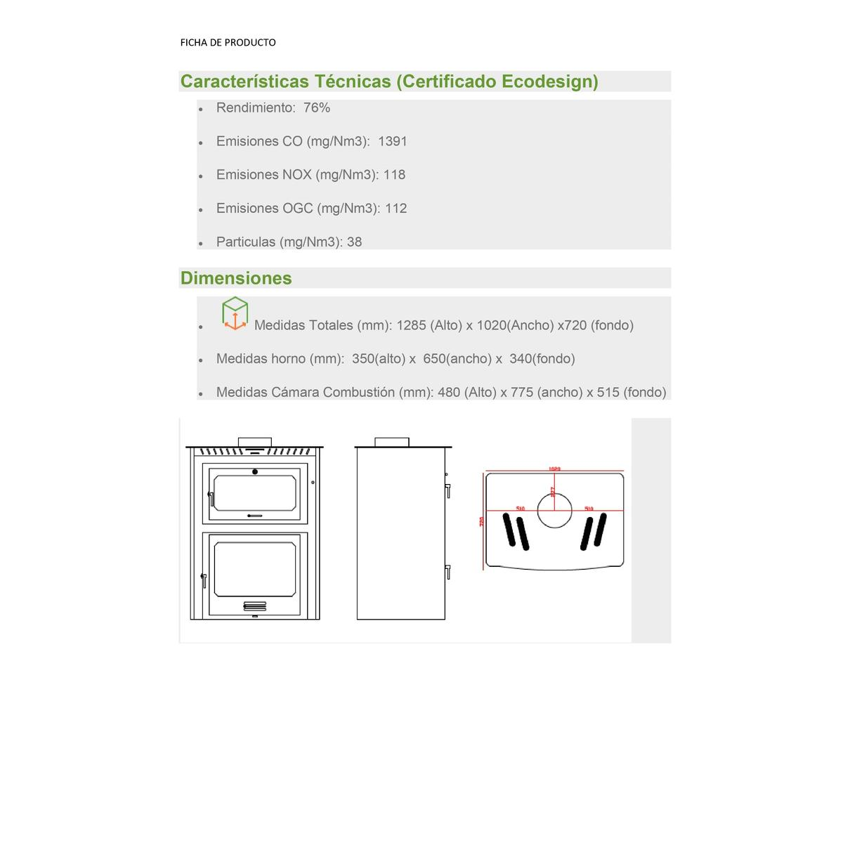 Tabla de características técnicas con datos de emisiones, dimensiones y diagramas de un aparato de calefacción.