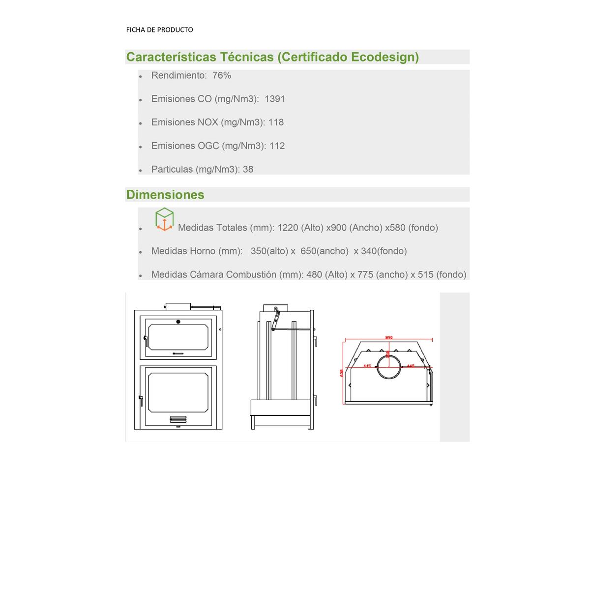Documento de características técnicas, incluyendo emisiones y dimensiones, en español.