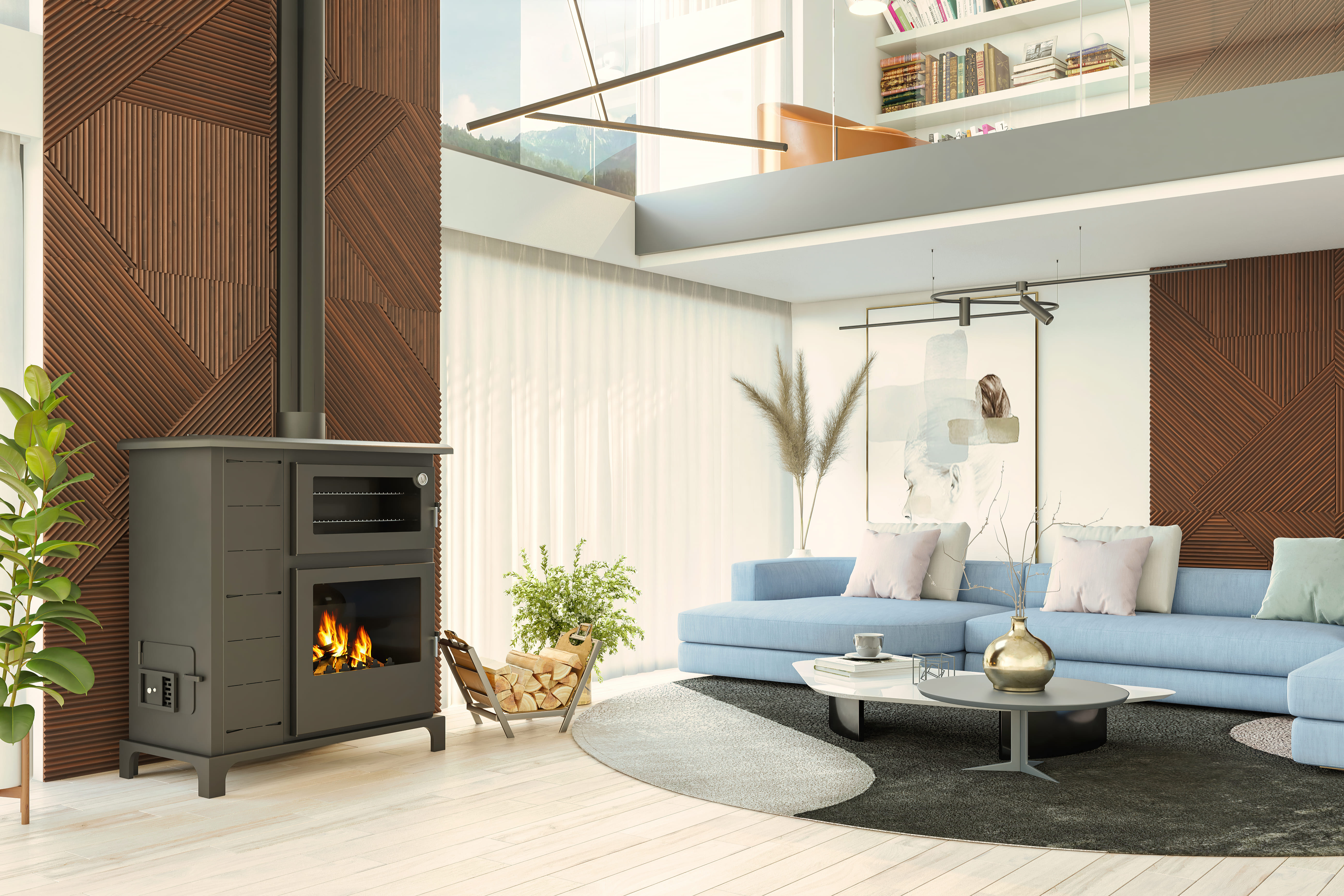 Salón con chimenea, sofá azul y paneles de madera en la pared.