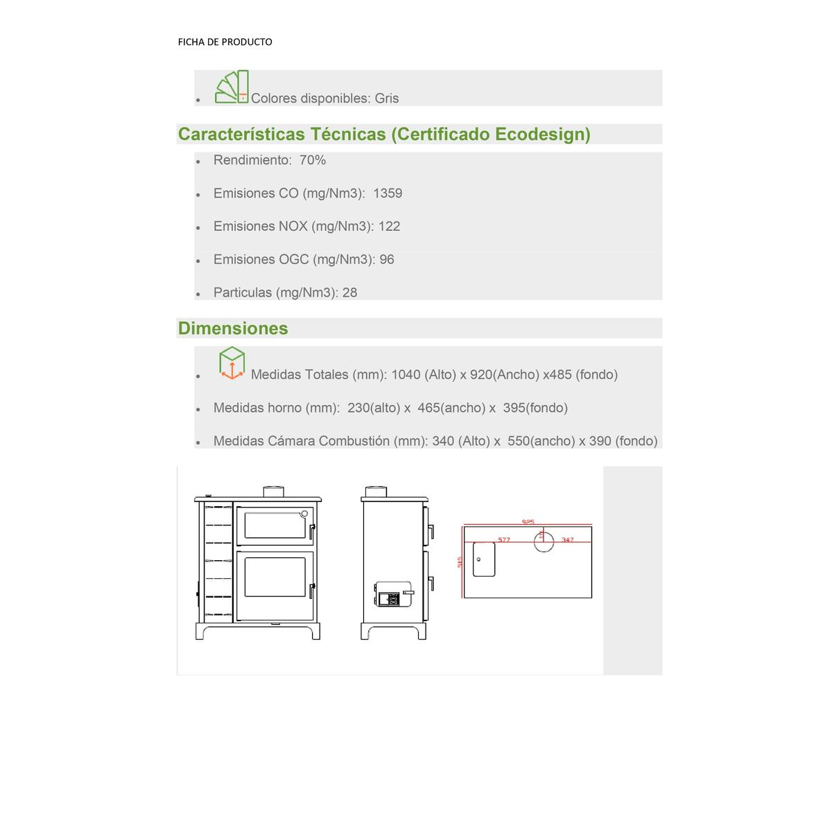 Especificaciones técnicas de una estufa de leña, incluyendo datos de emisiones y dimensiones.