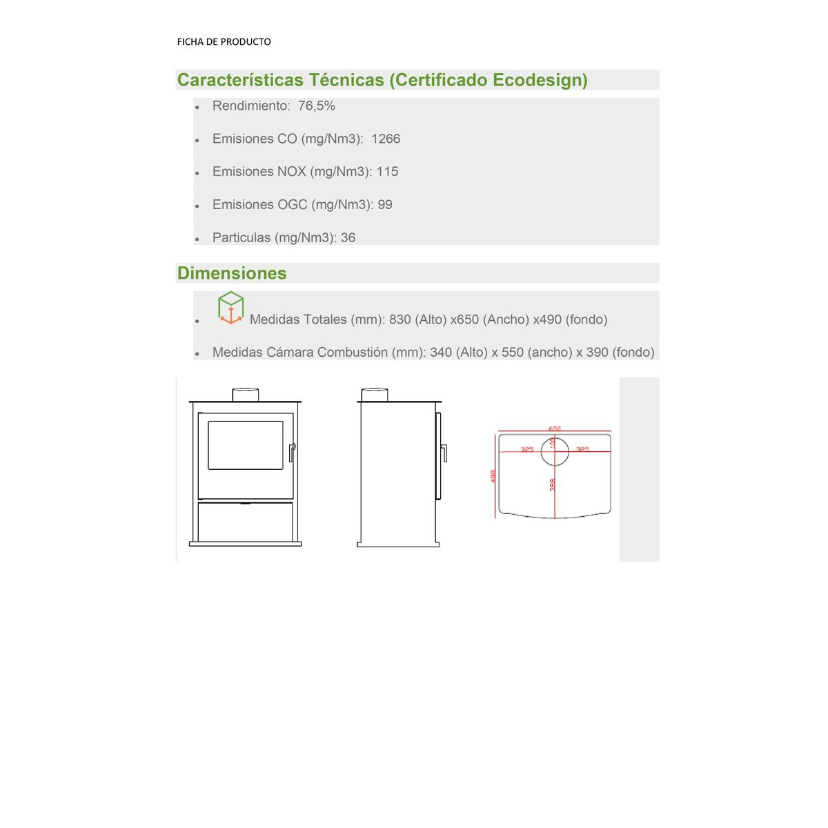 Documento de especificaciones técnicas, con datos de emisiones y dimensiones.
