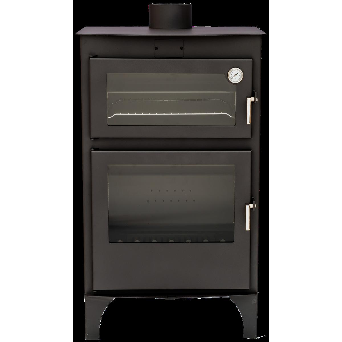 Estufa negra con dos puertas de vidrio, chimenea y termómetro.