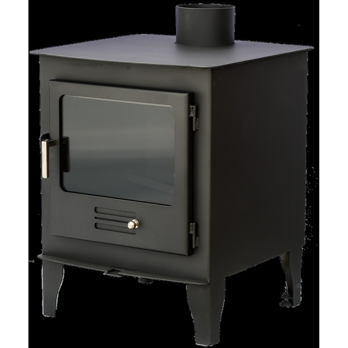 Una estufa negra de leña con puerta de cristal se muestra sobre un fondo negro. Tiene chimenea y patas.