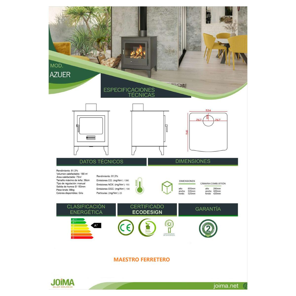 Documento de especificaciones técnicas para una estufa de leña. Incluye diagramas, dimensiones y clasificaciones energéticas.