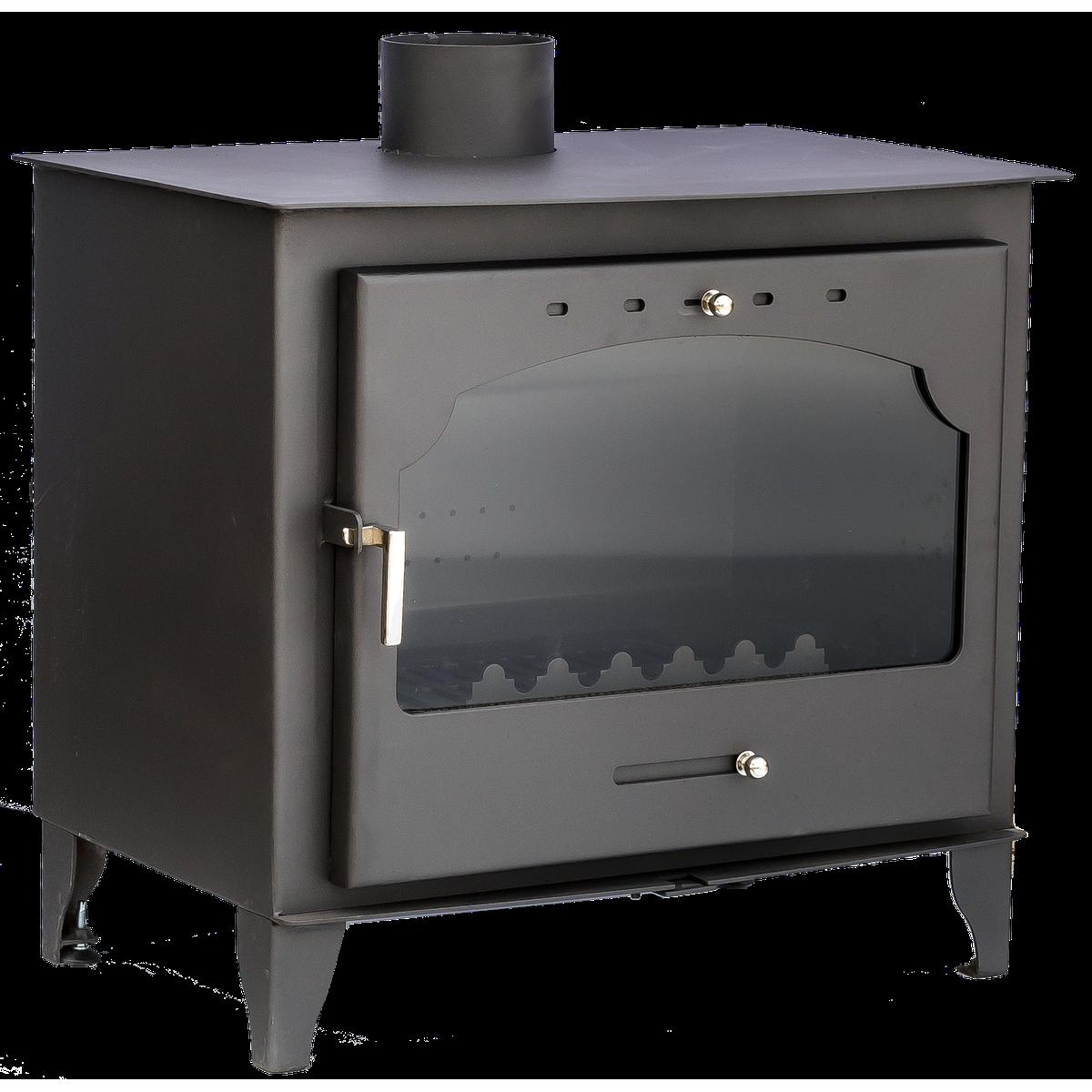 Estufa de leña negra con puerta de cristal. La estufa tiene una chimenea y un cajón.