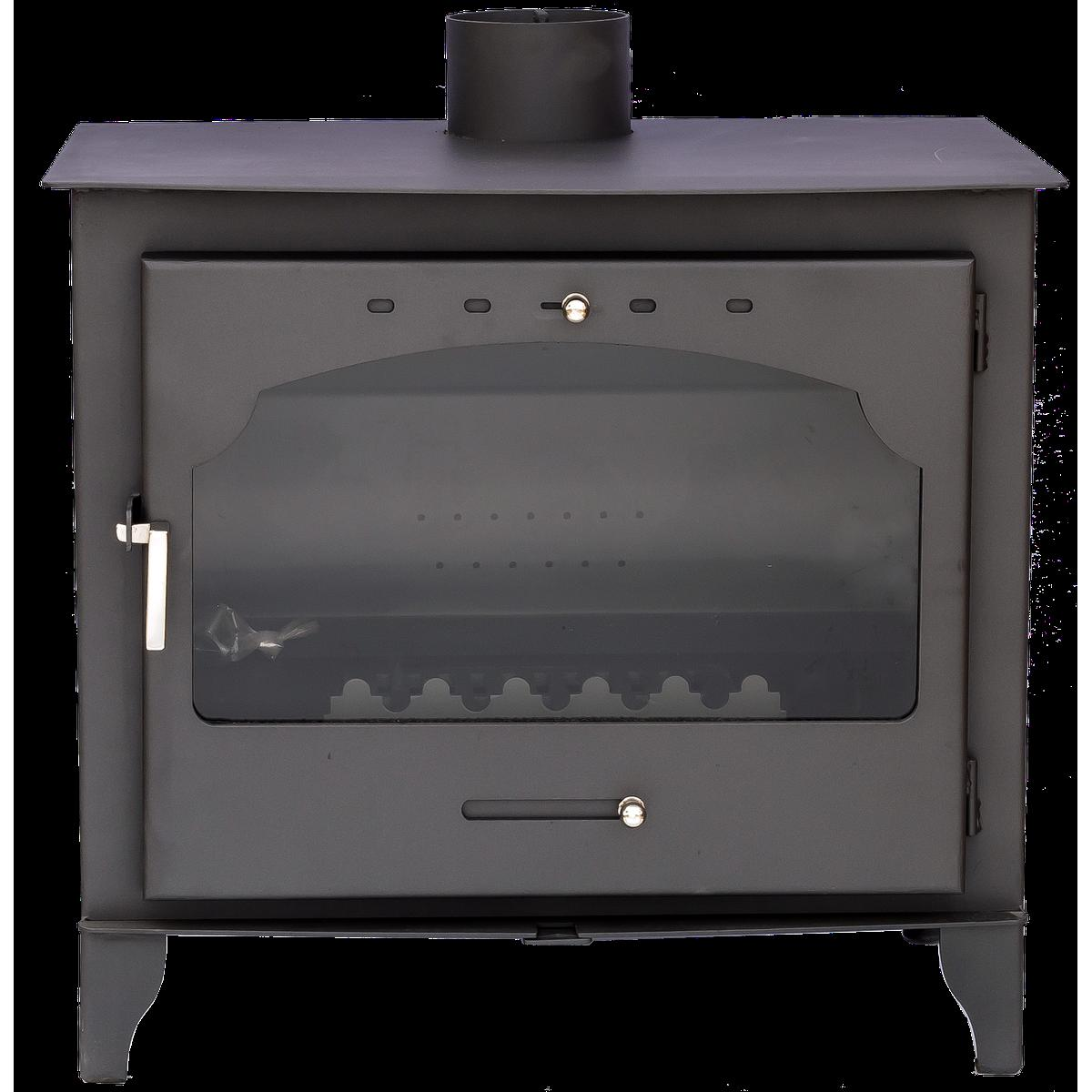Estufa de leña de metal negro con puerta de vidrio y chimenea.