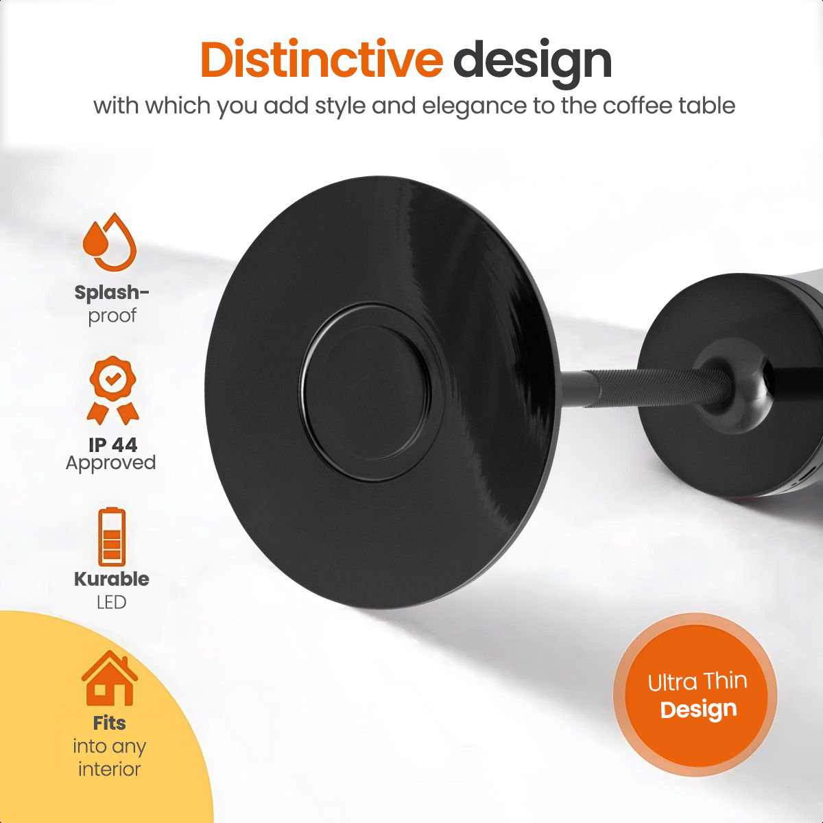 Black coffee table lamp with circular base and product details.