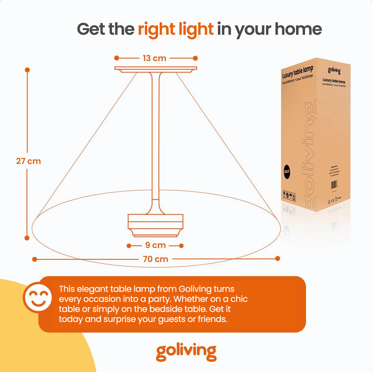A table lamp with dimensions and text: Get the right light in your home.