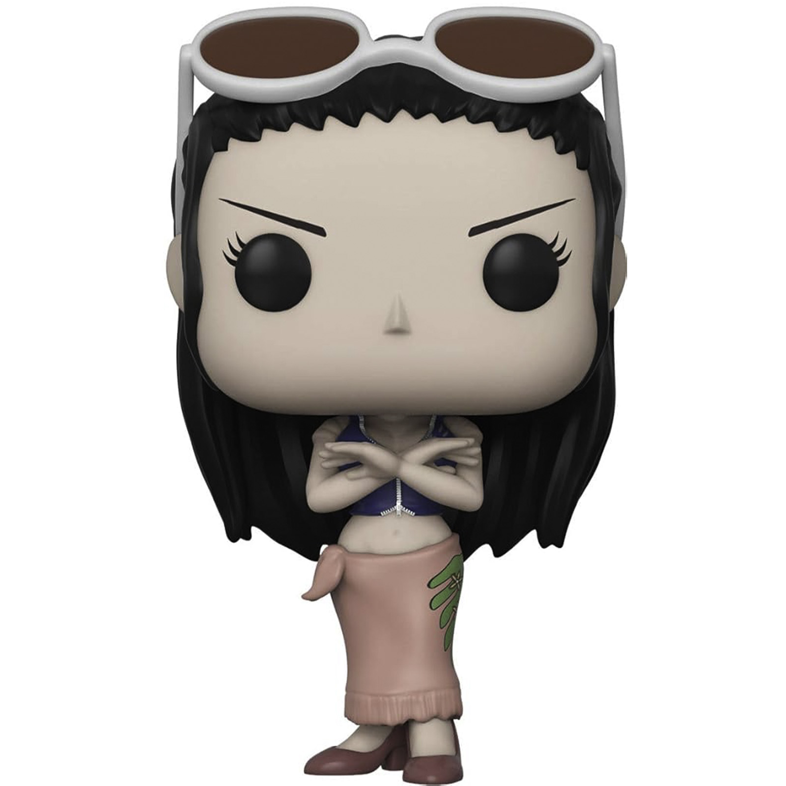 Figurka Funko Pop żeńskiej postaci w okularach przeciwsłonecznych, skrzyżowane ręce.