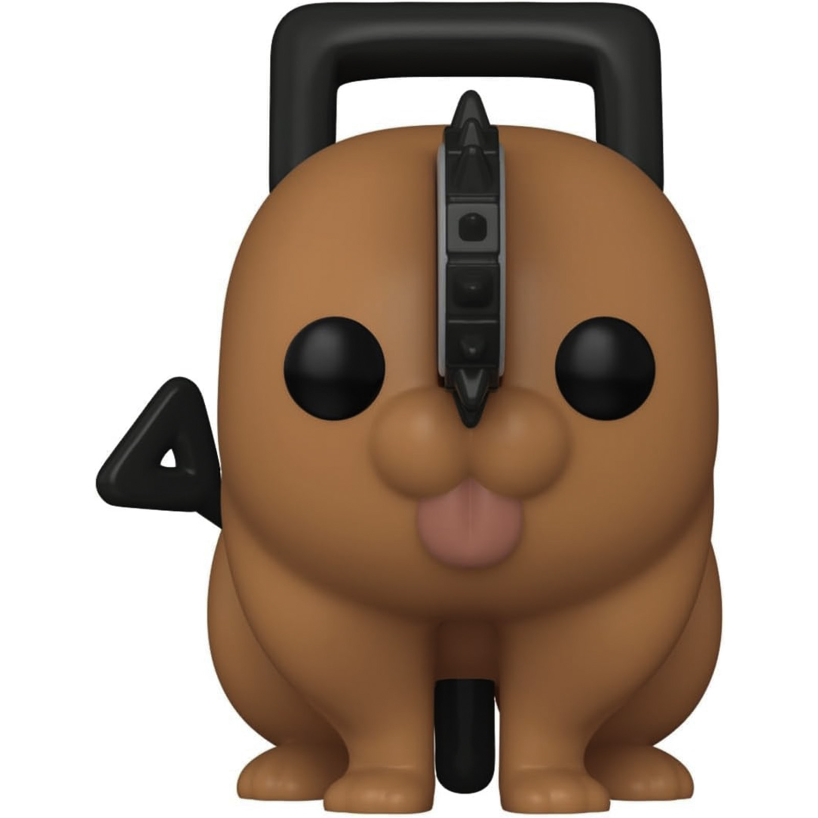 Eine Chainsaw Man Pochita Figur, orange mit schwarzen Augen, einem Griff und Stacheln.