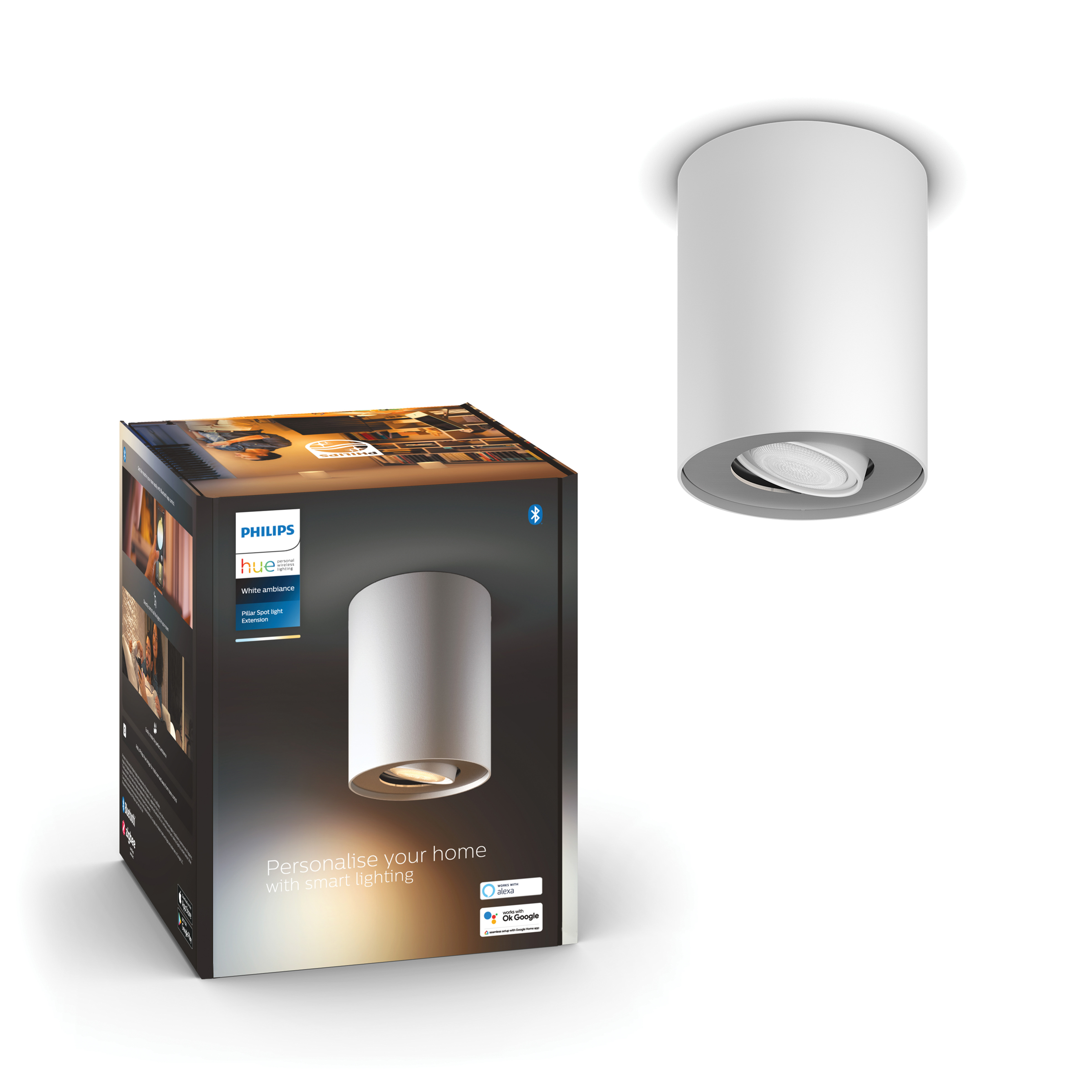 Reflektor Philips Hue White ambiance i pudełko. Światło jest cylindryczne.