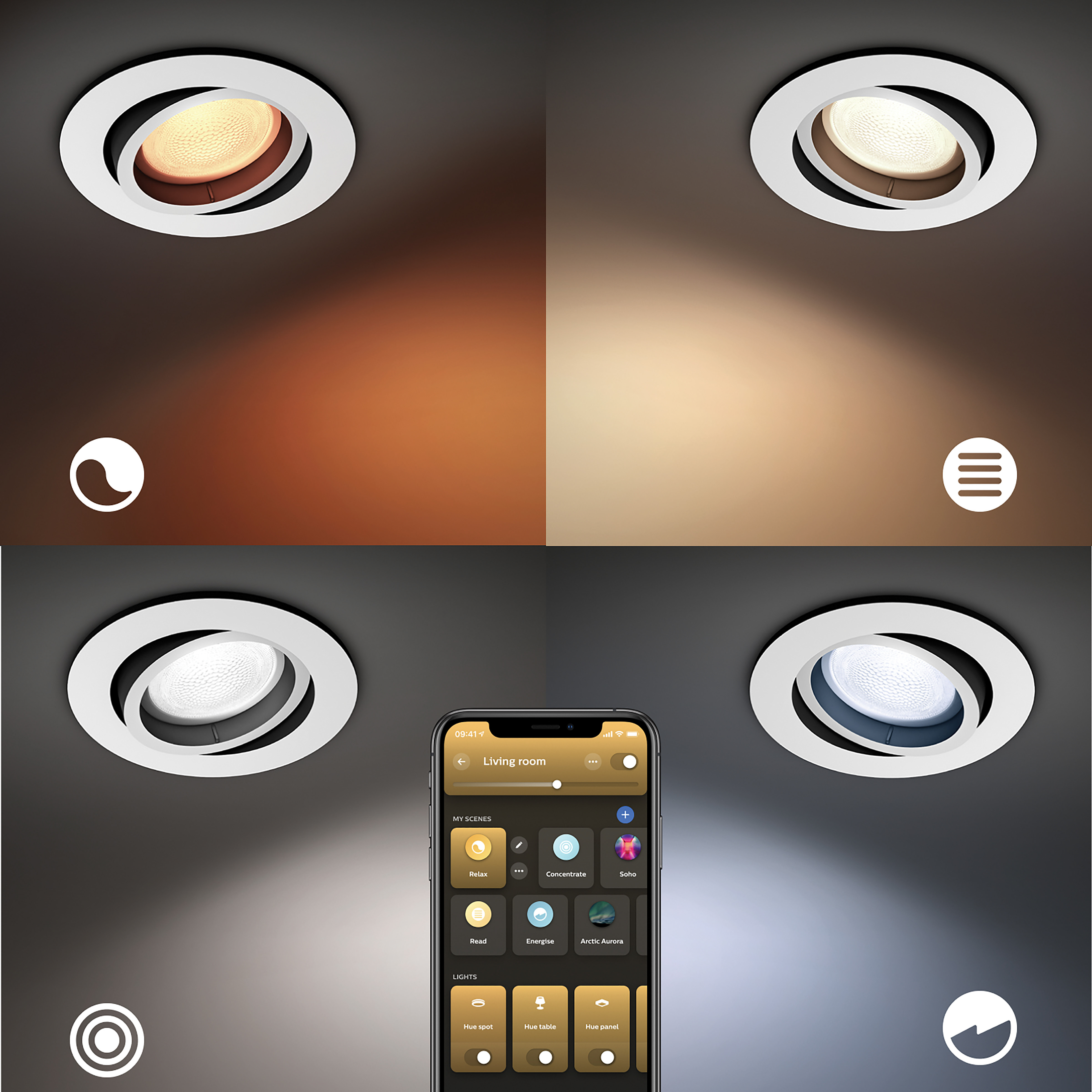Cztery światła wpuszczane z różnymi ustawieniami światła i ekranem smartfona.