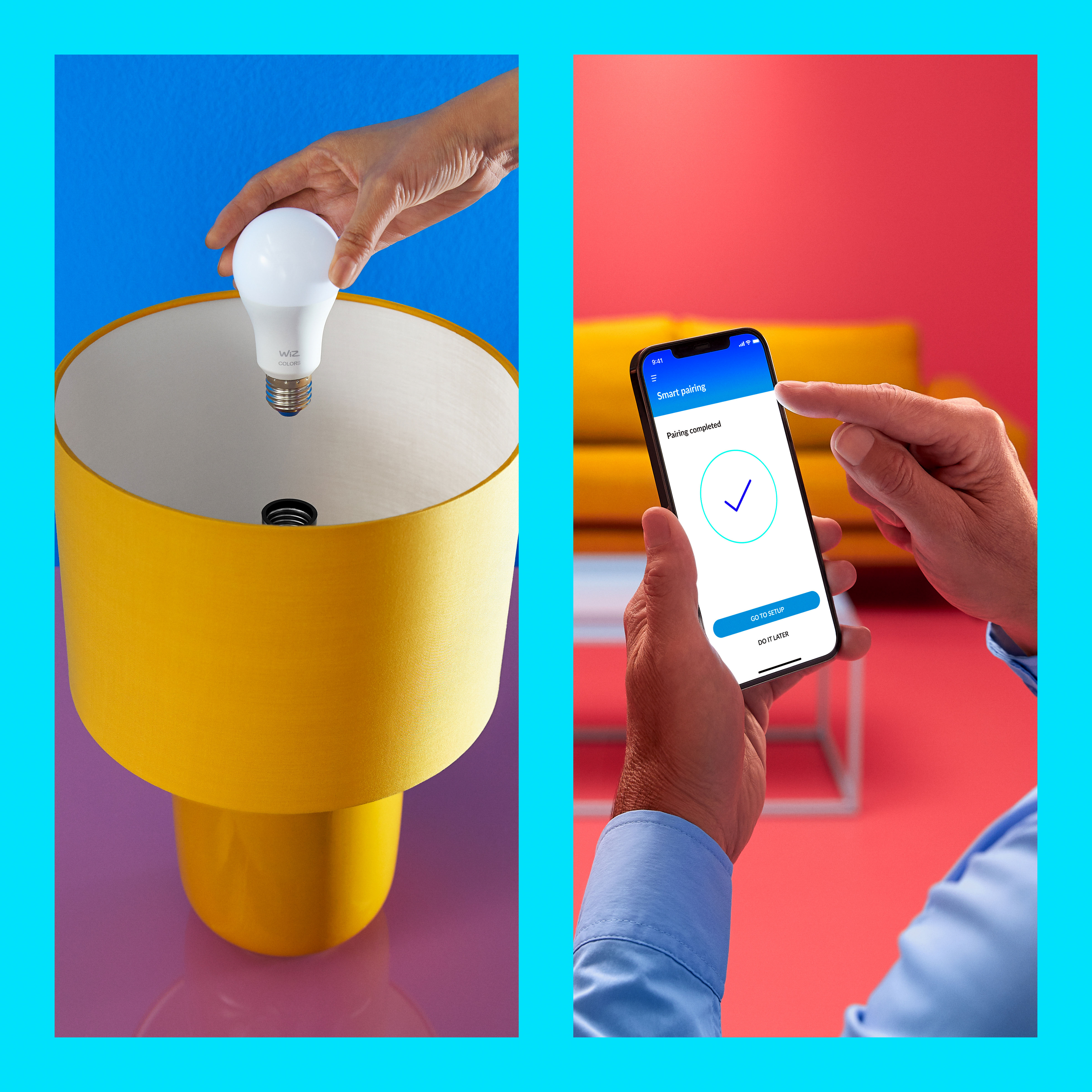 Deux images côte à côte: une lampe avec une ampoule remplacée et un téléphone montrant la configuration.
