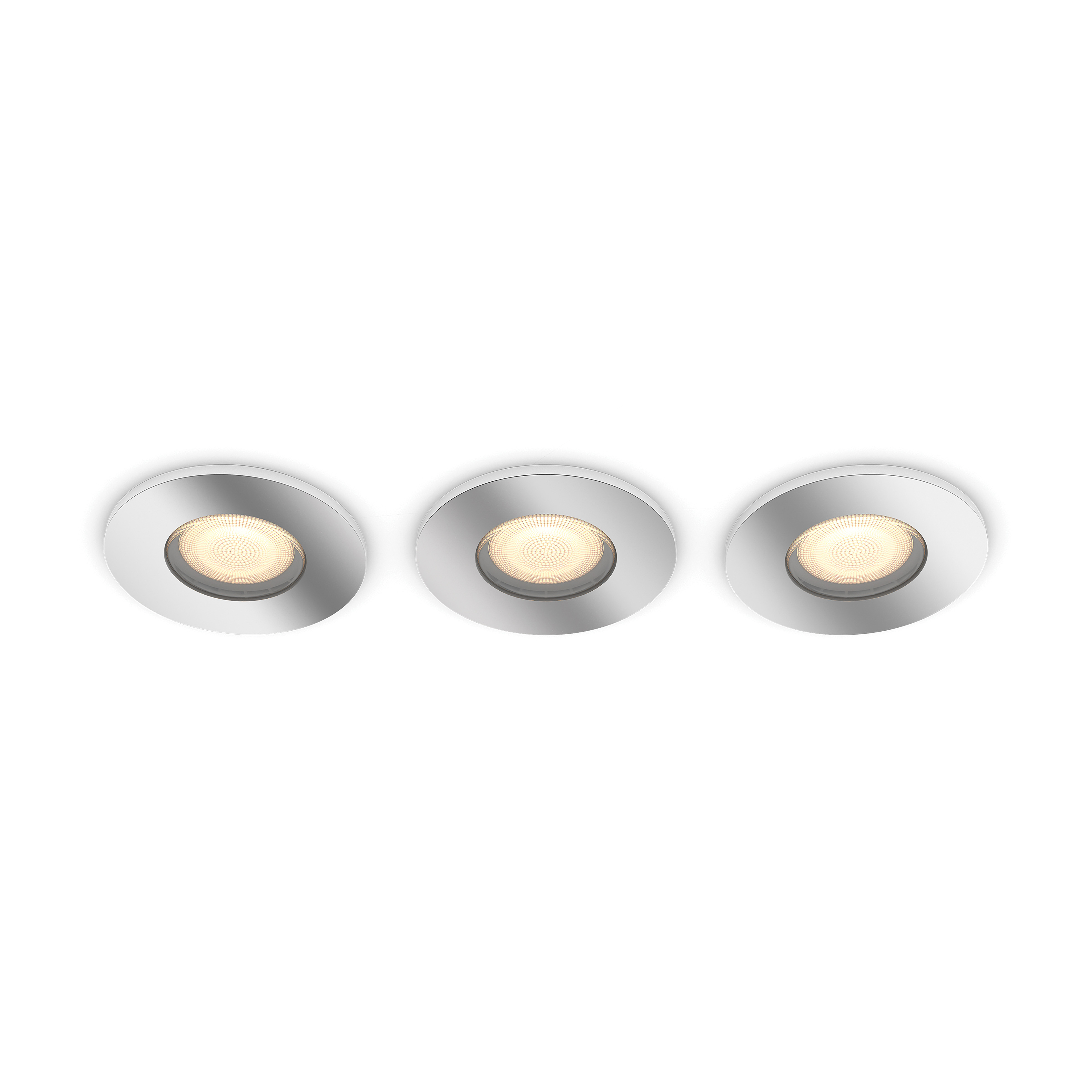 Drie zilveren inbouwspots op een witte achtergrond. Elk heeft een gestructureerde lichtbron.