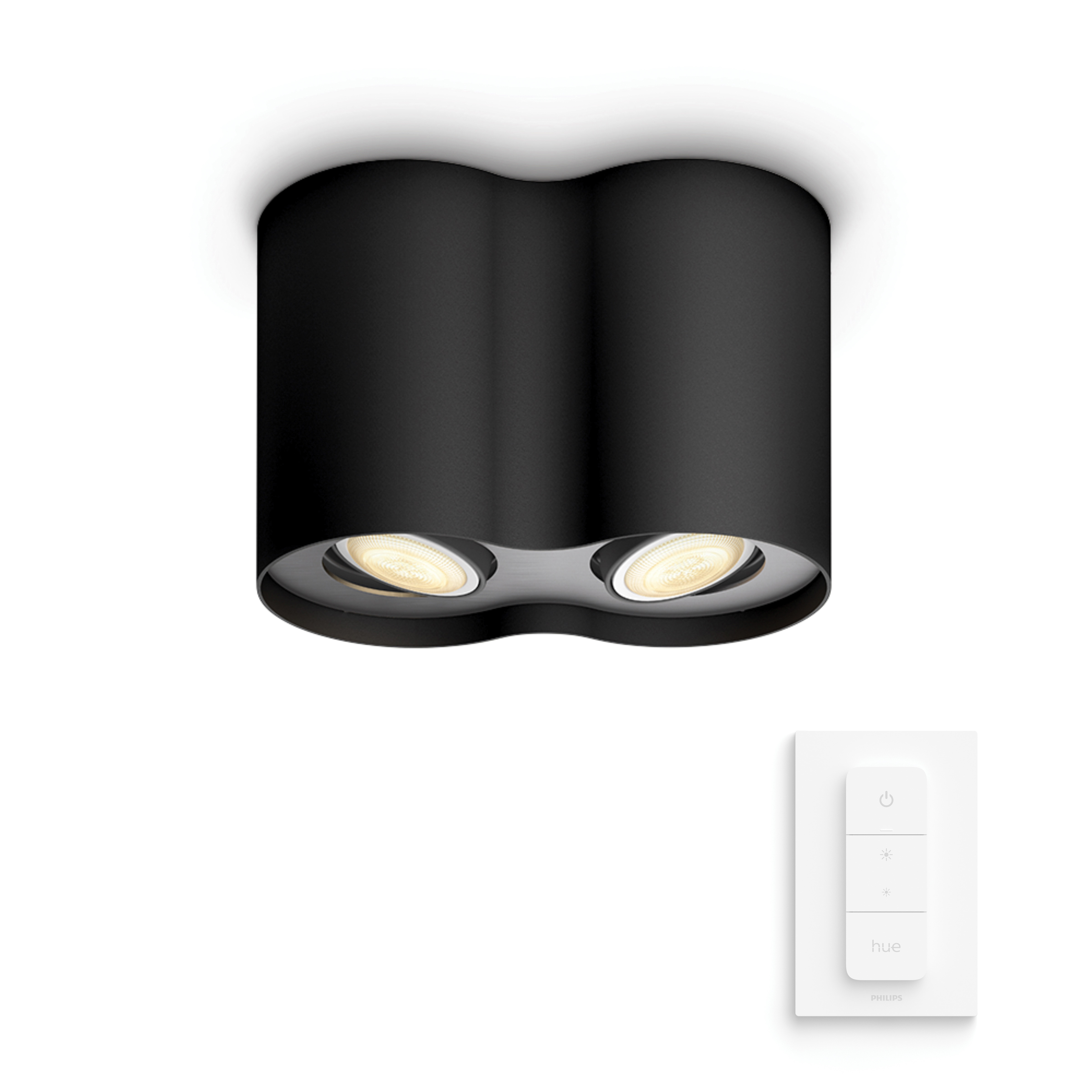 Czarna oprawa oświetleniowa Philips Hue z dwiema żarówkami i białym pilotem.