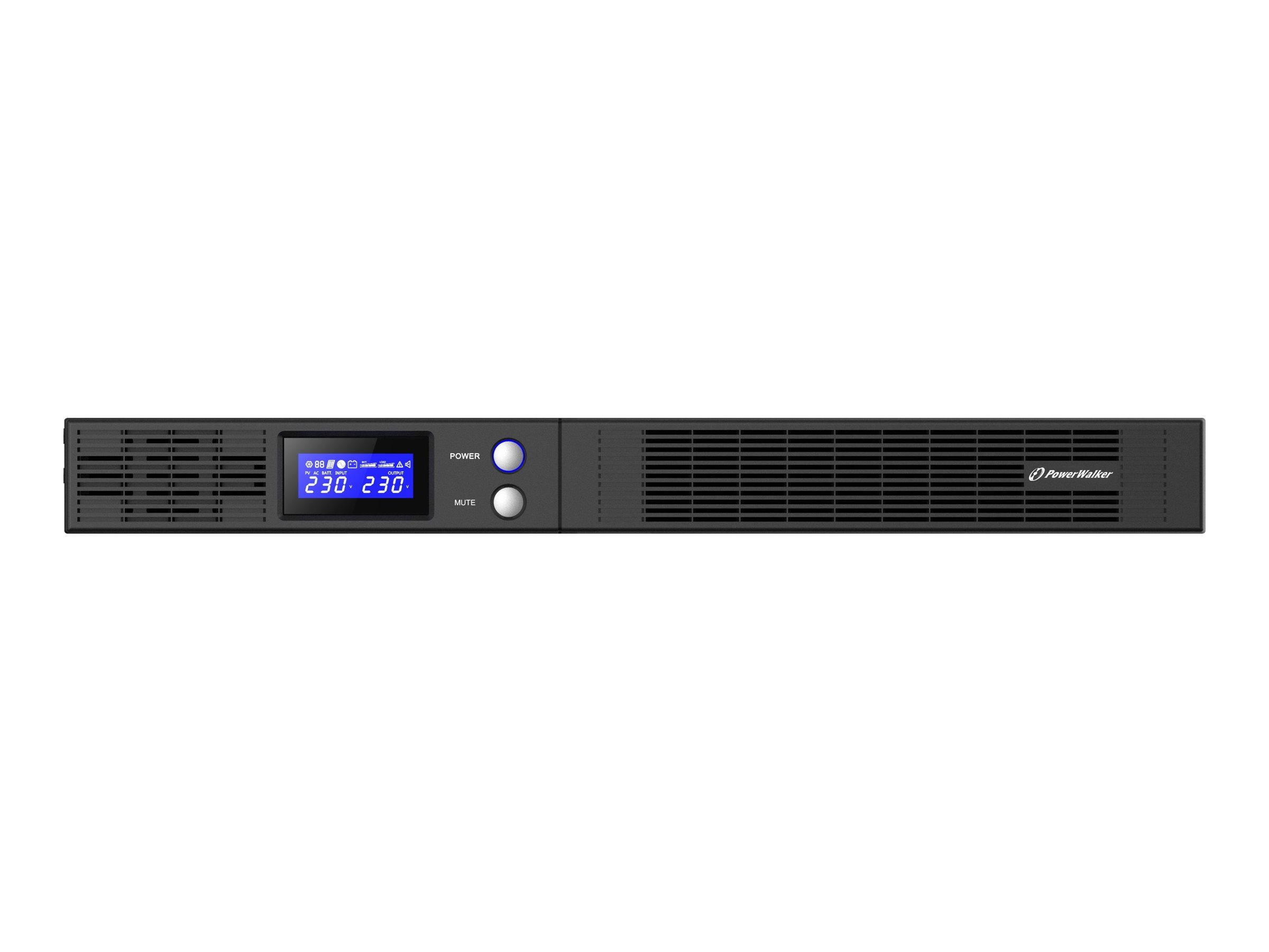 Schwarzes Rackmount-USV-Gerät mit Display, Knöpfen und Power Walker-Logo.