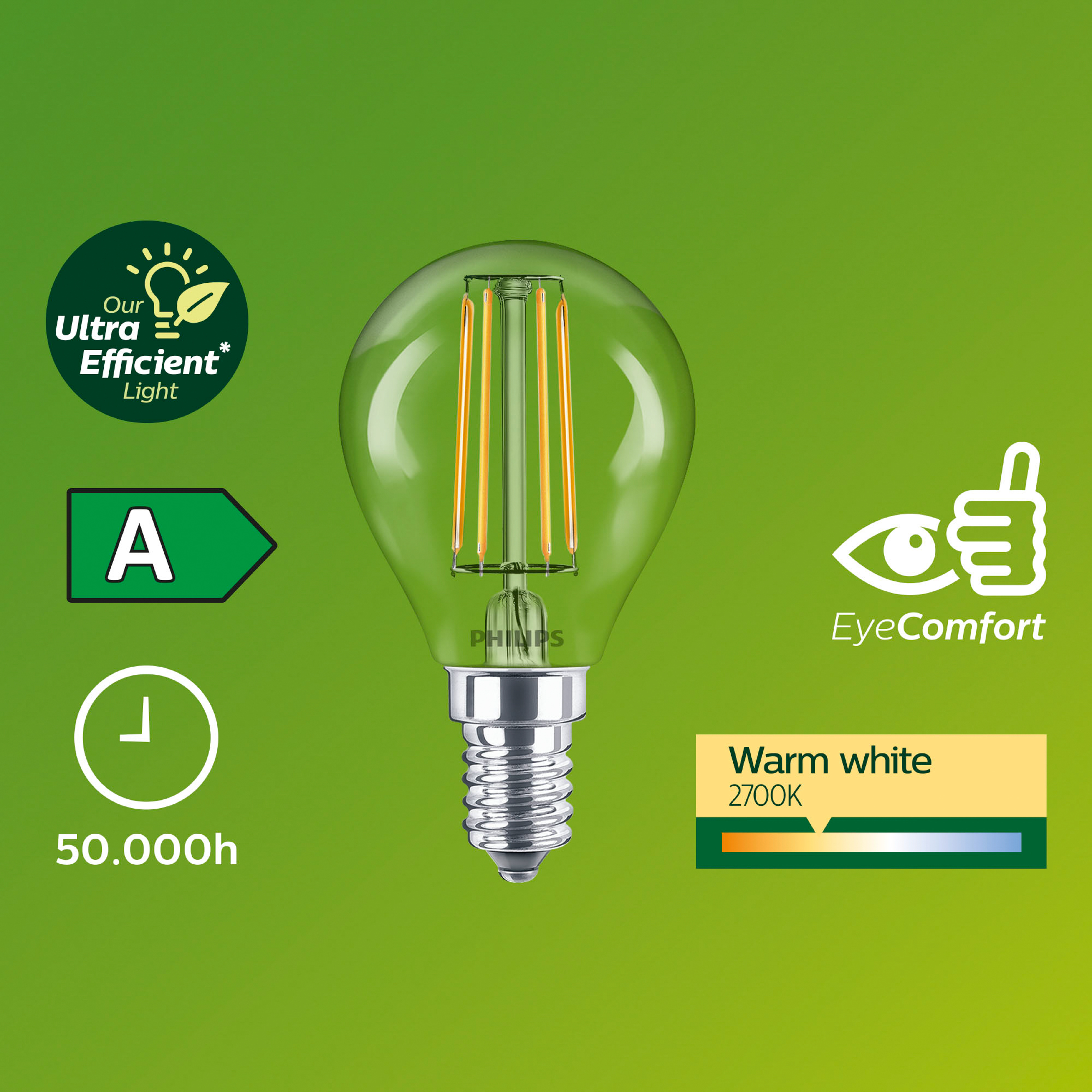 Une ampoule LED efficace. C'est une lumière blanche chaude et a une longue durée de vie, avec une classe énergétique A.
